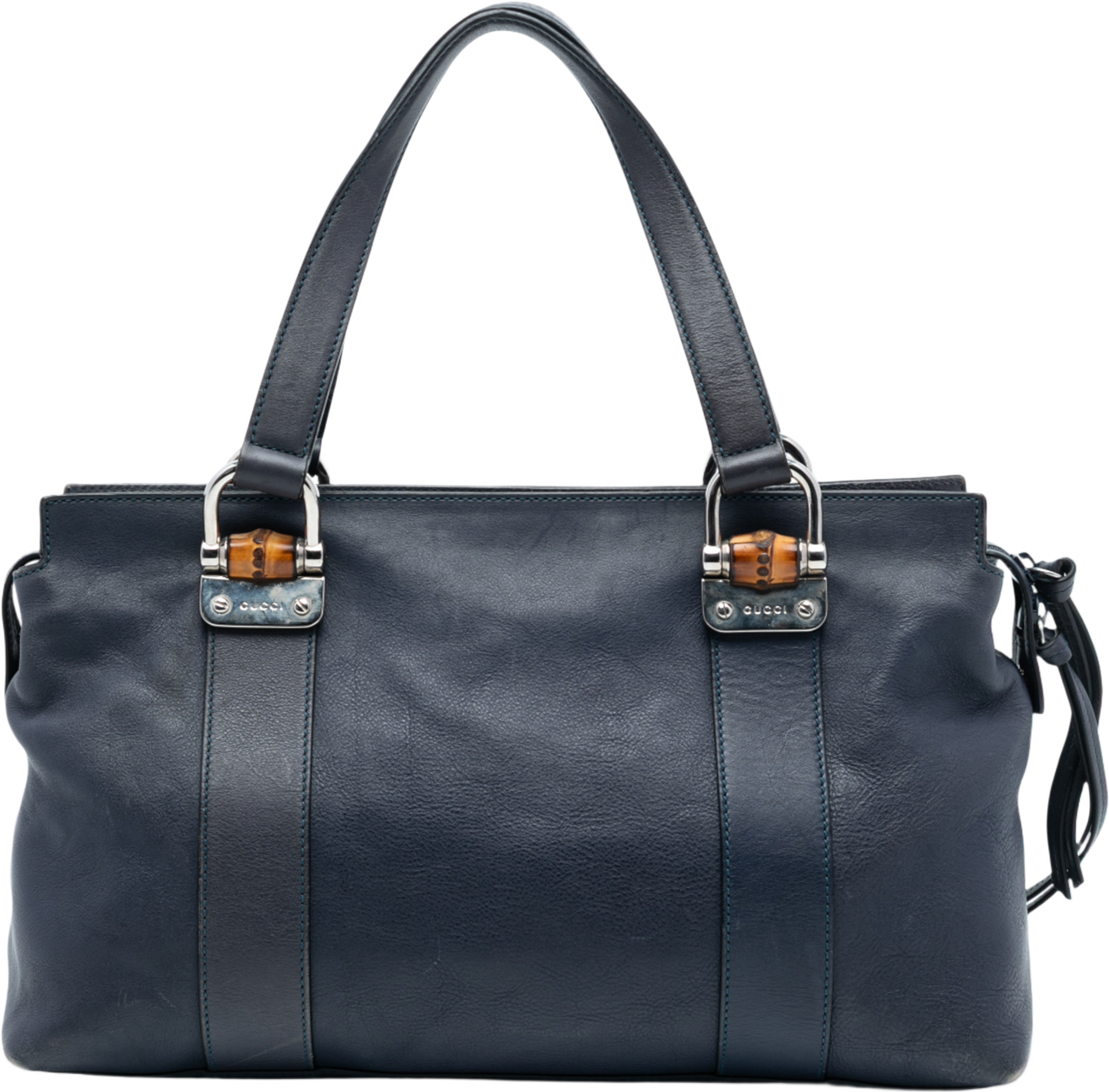 Gucci Leather Bamboo Bar Satchel, från Luxclusif, i färgen navy. Klicka för att öppna bilden i stort format