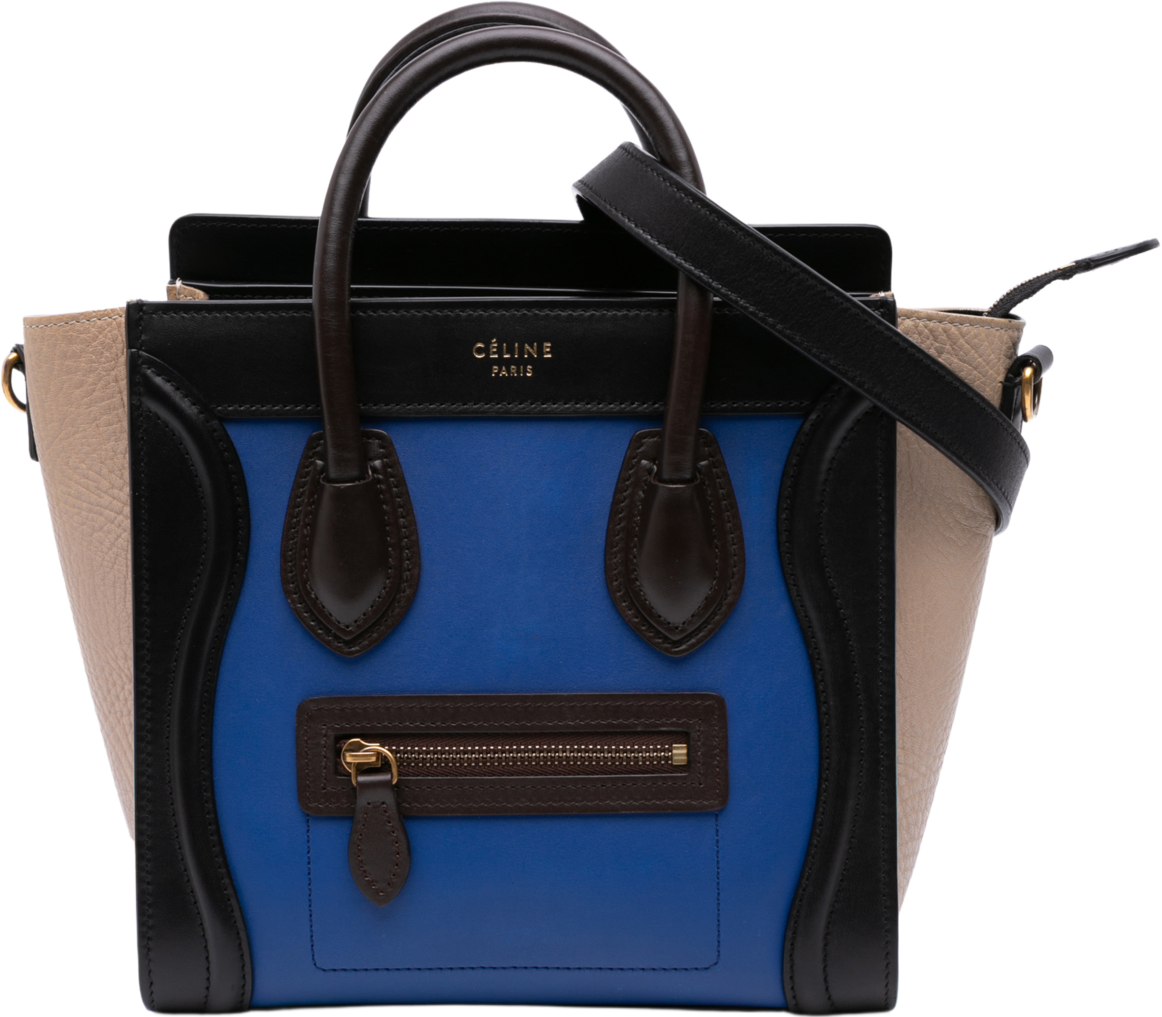 Celine Nano Tricolor Leather Luggage Tote, från Luxclusif, i färgen blue. Klicka för att öppna bilden i stort format