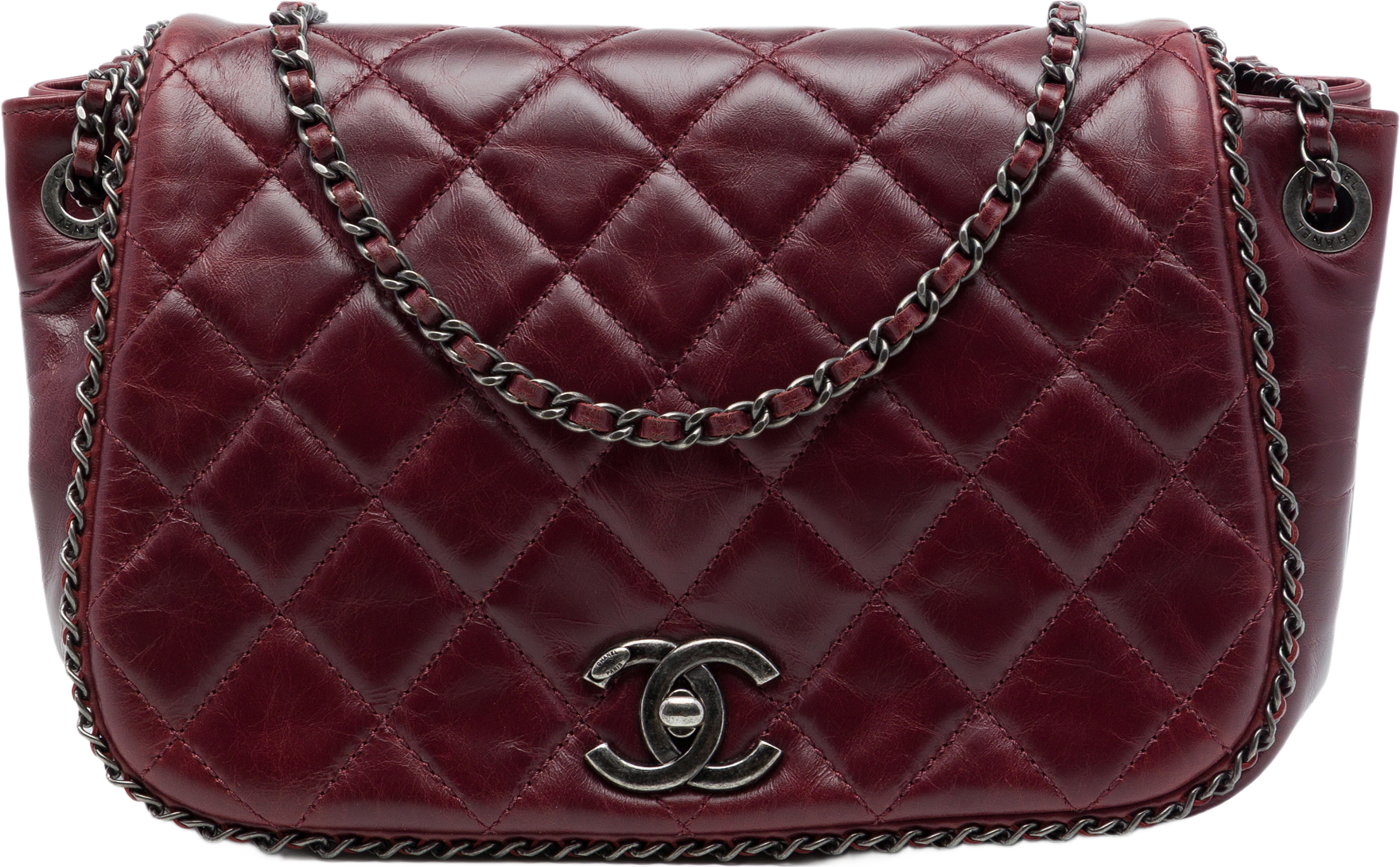 Chanel Small Quilted Calfskin Cc Enchained Accordion Flap, från Luxclusif, i färgen röd. Klicka för att öppna bilden i stort format