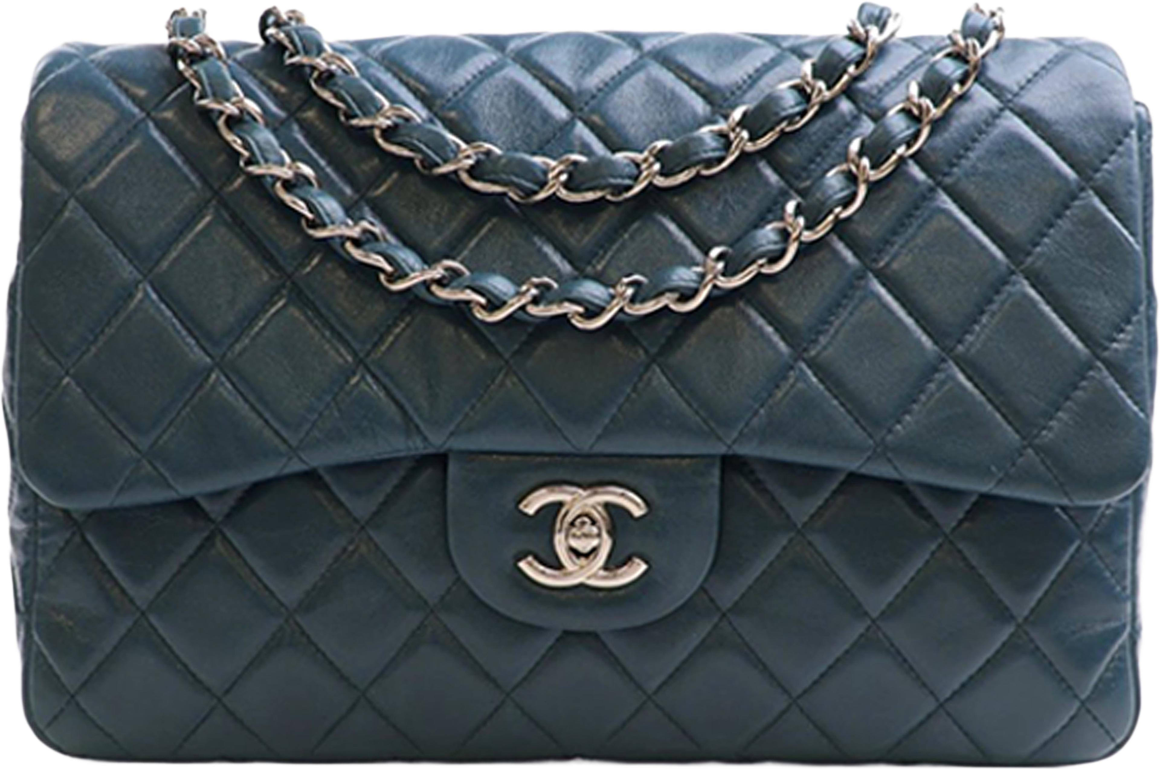 Chanel Jumbo Classic Lambskin Single Flap, från Luxclusif, i färgen peacock. Klicka för att öppna bilden i stort format