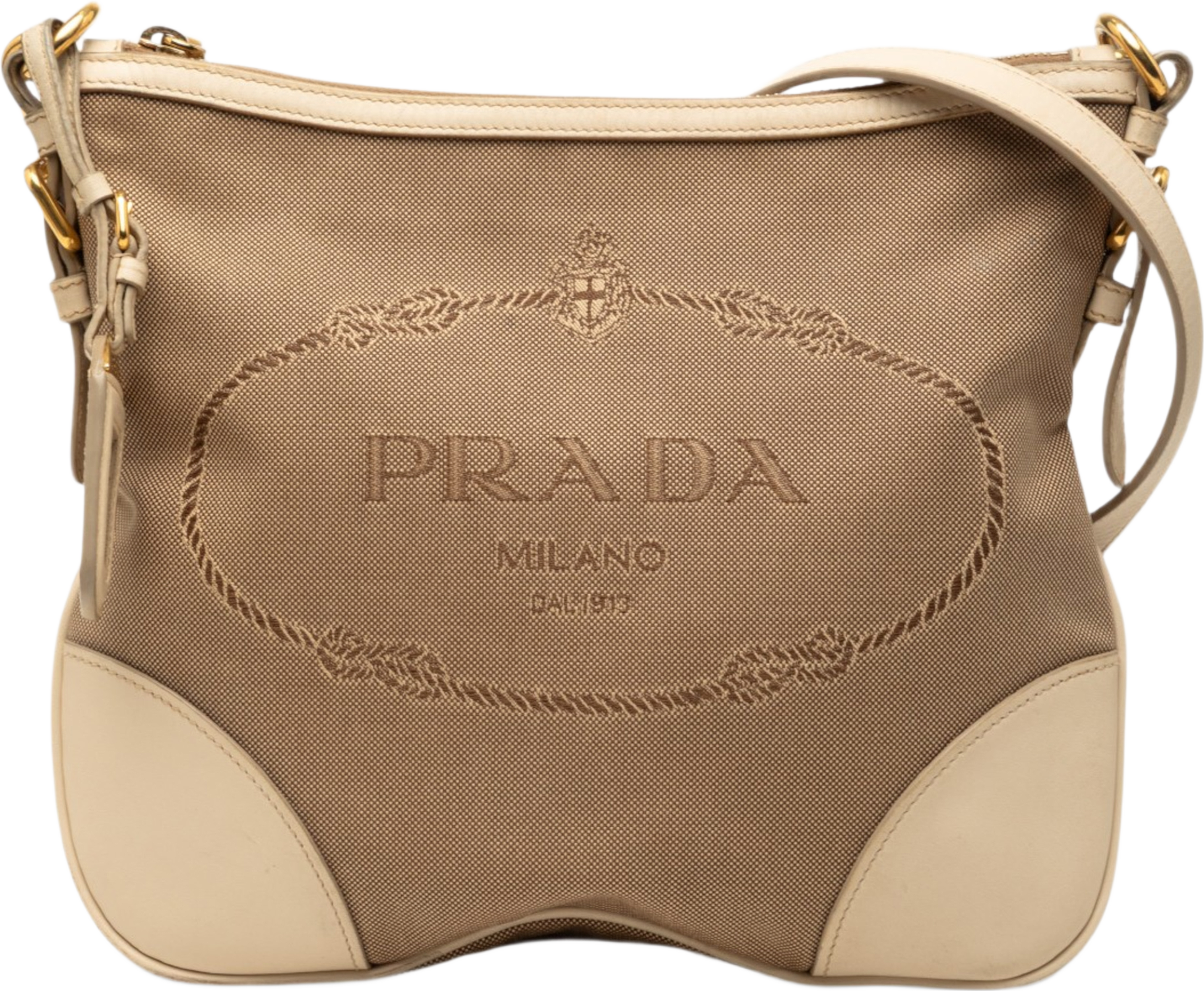 Prada Canvas Canapa Logo Crossbody, från Luxclusif, i färgen light brown. Klicka för att öppna bilden i stort format