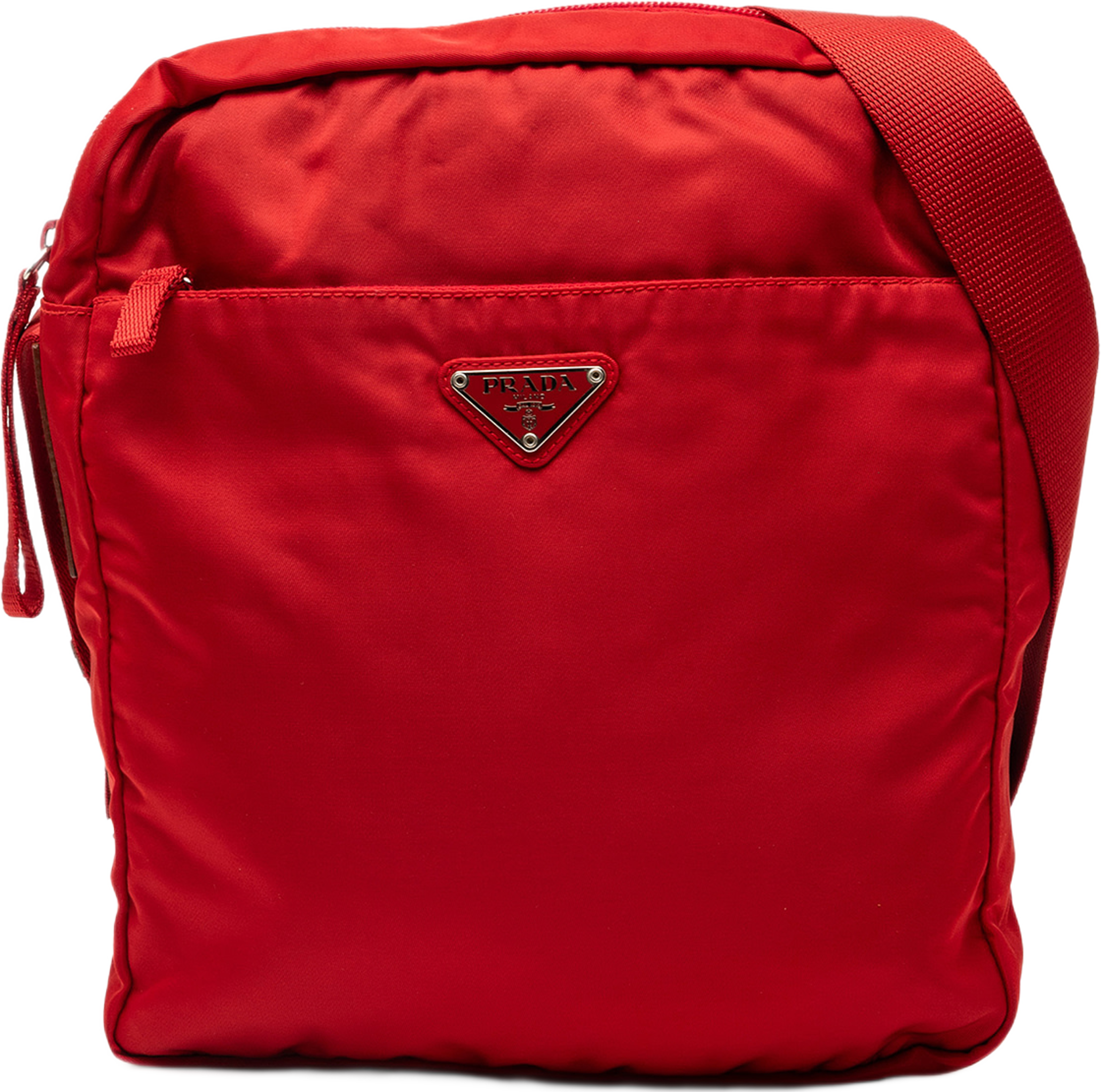 Prada Tessuto Zip Top Crossbody, från Luxclusif, i färgen röd. Klicka för att öppna bilden i stort format
