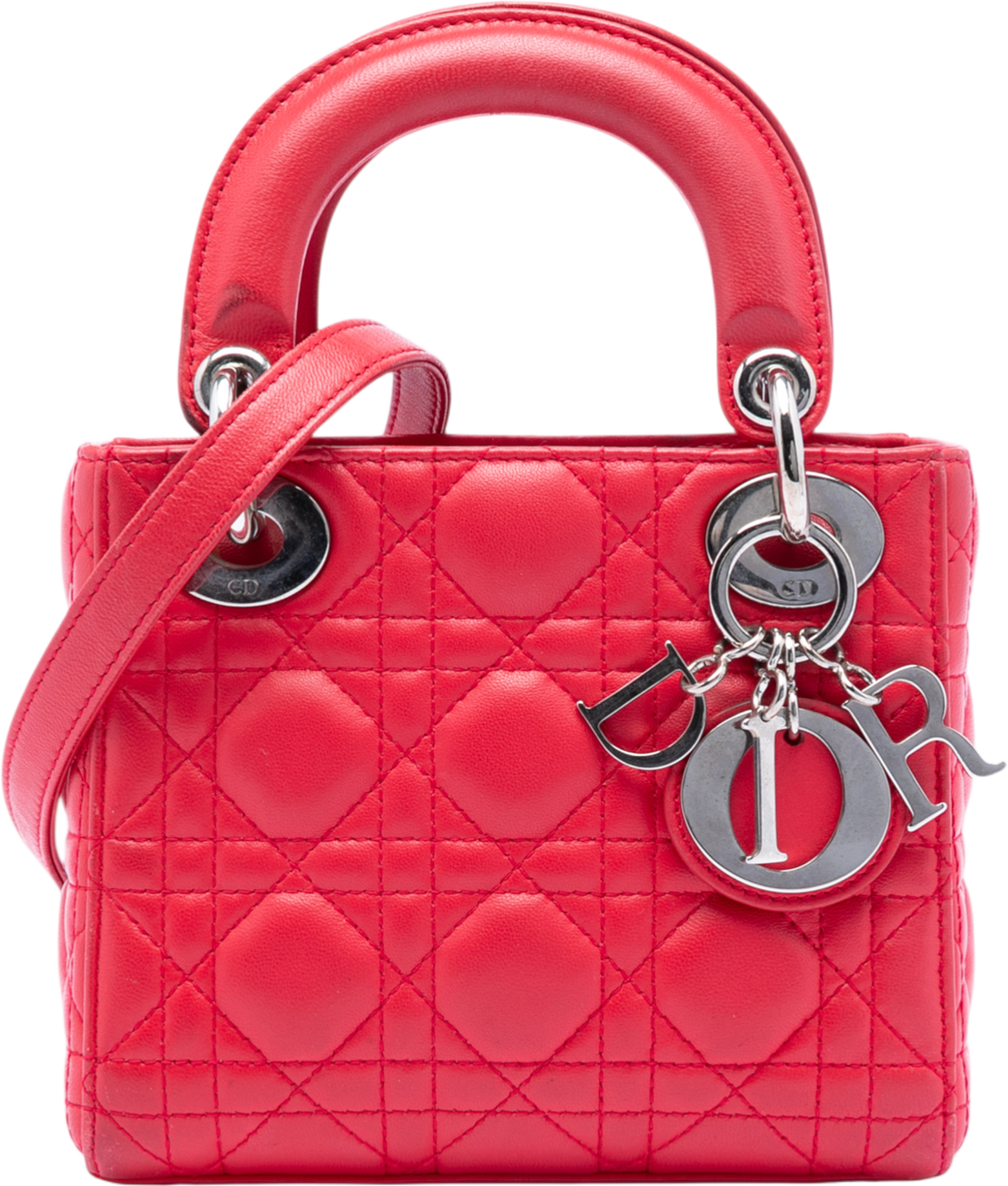 Dior Mini Lambskin Cannage Lady Dior, från Luxclusif, i färgen red. Klicka för att öppna bilden i stort format