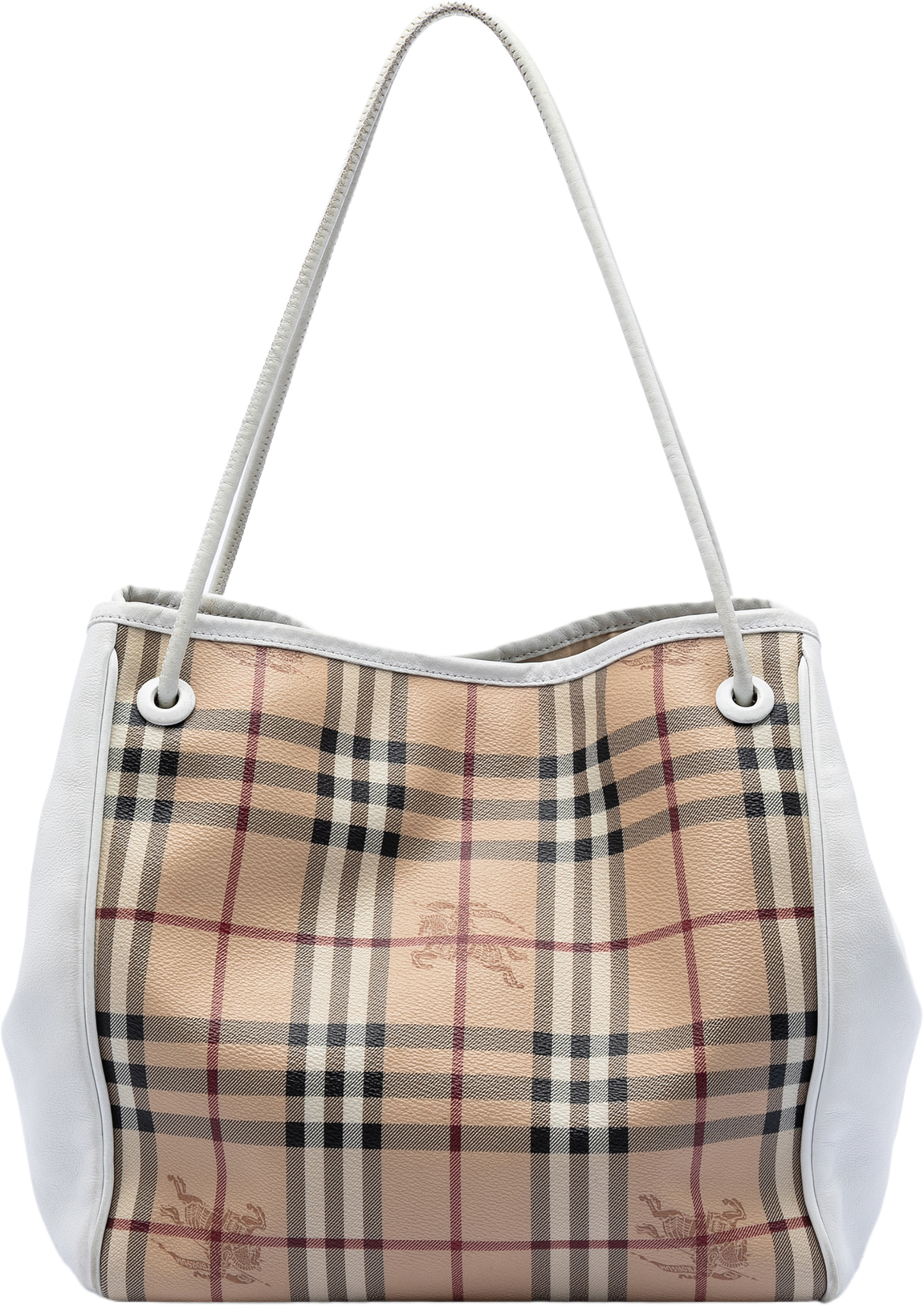 Burberry Small Leather Trimmed Haymarket Check Coated Canvas Canterbury Tote, från Luxclusif, i färgen beige. Klicka för att öppna bilden i stort format