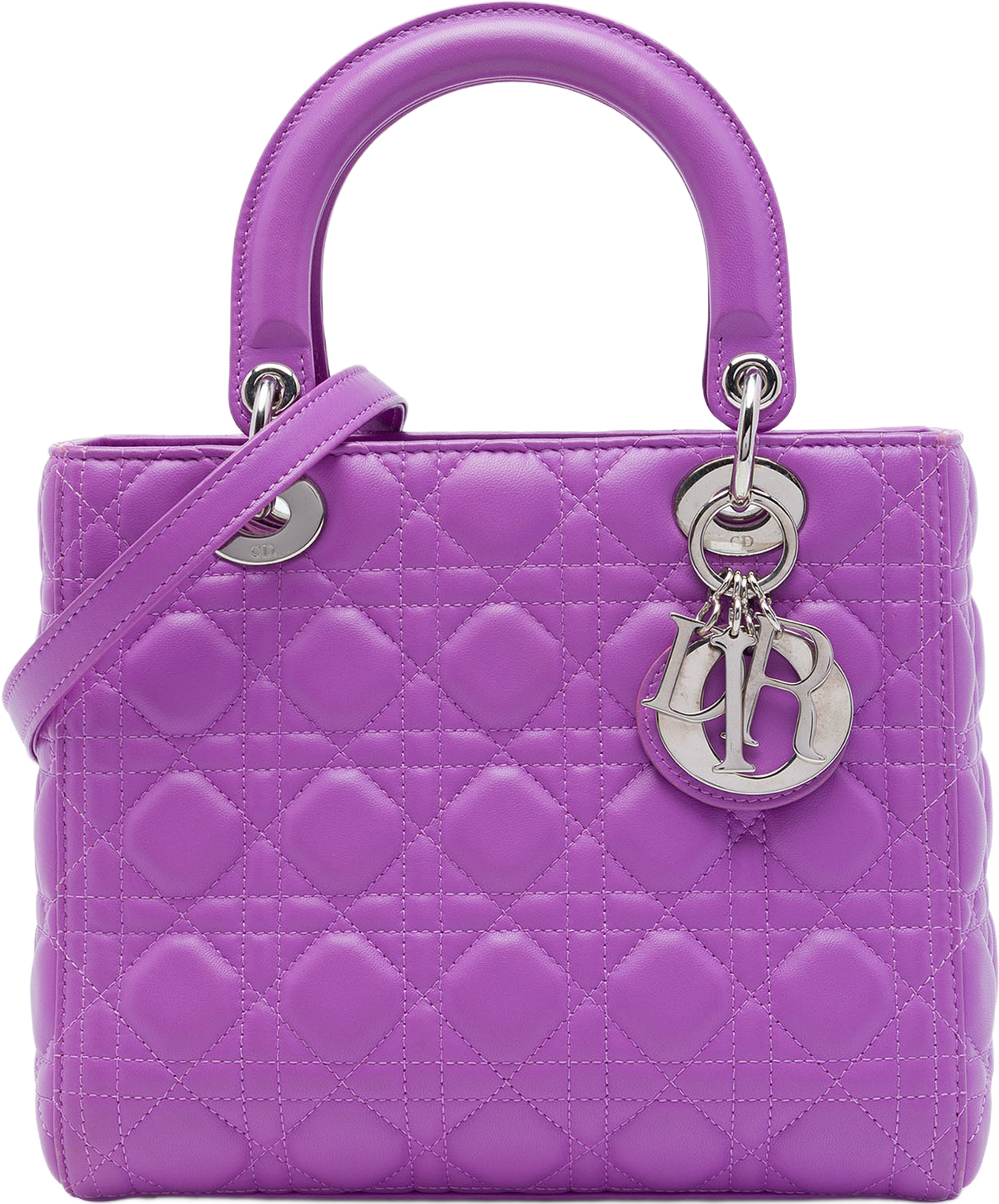 Dior Medium Lambskin Cannage Lady Dior, från Luxclusif, i färgen purpur. Klicka för att öppna bilden i stort format
