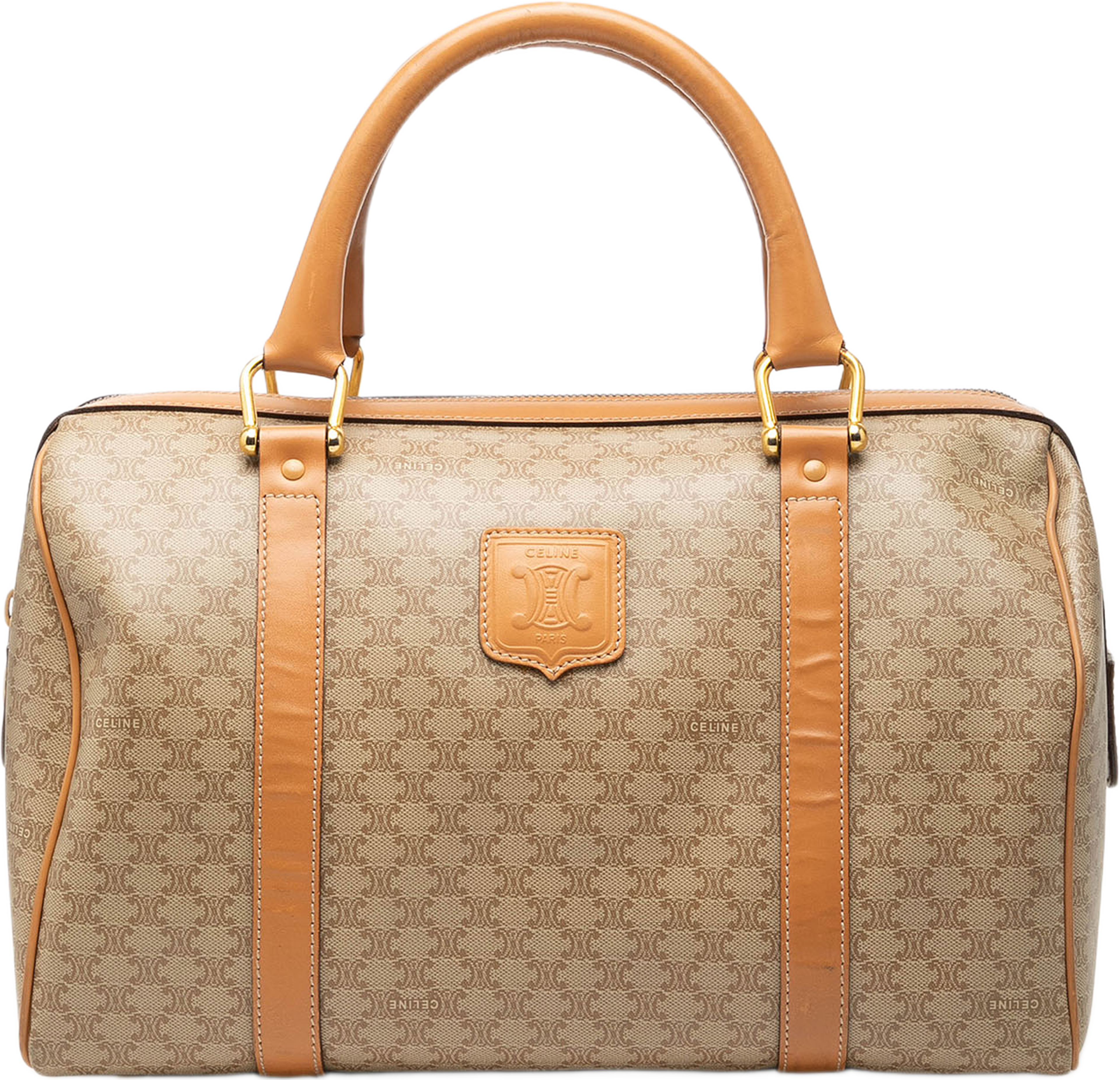 Celine Macadam Coated Canvas Boston Bag, från Luxclusif, i färgen beige. Klicka för att öppna bilden i stort format