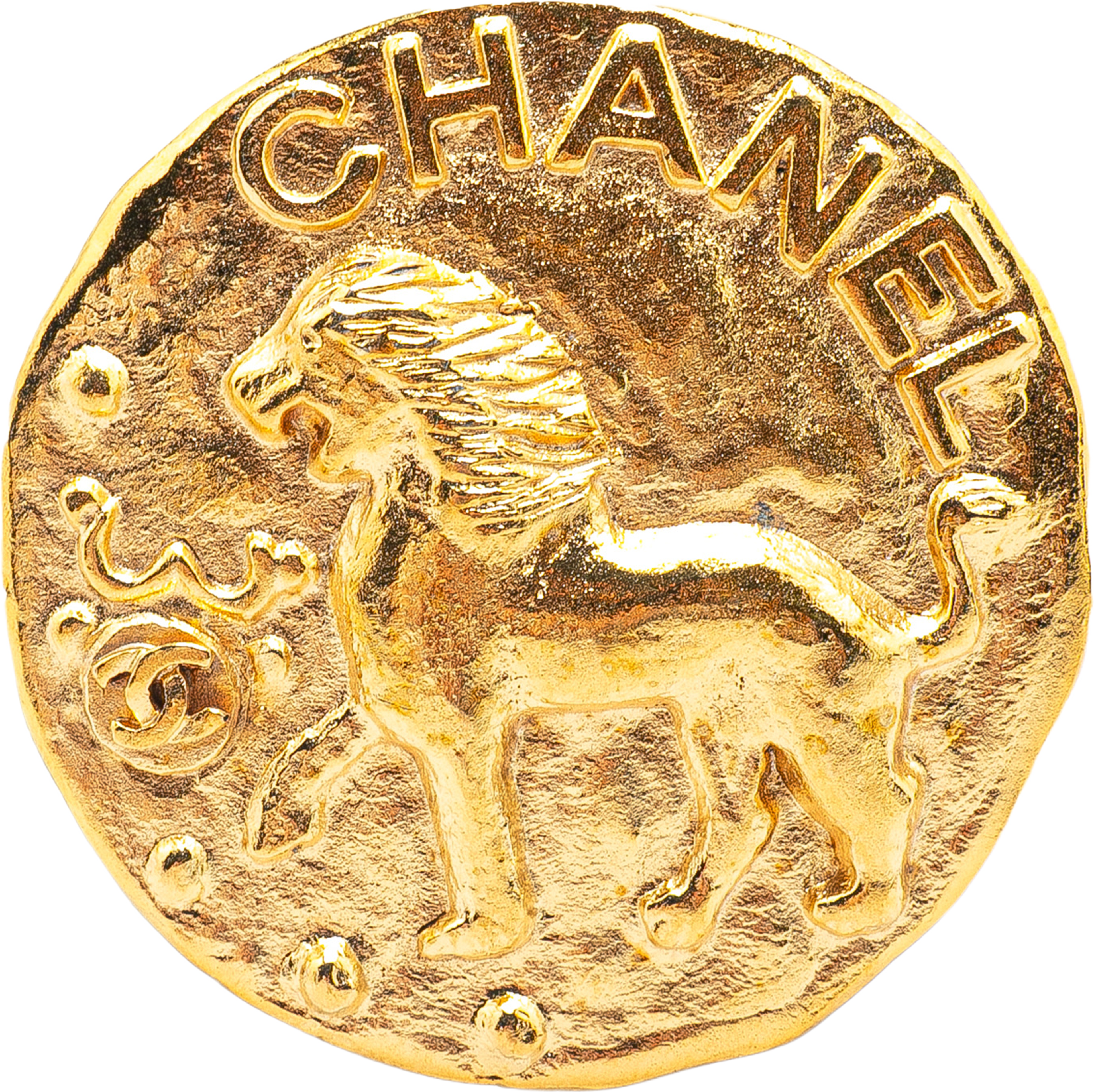 Chanel Gold Plated Cc Round Lion Brooch