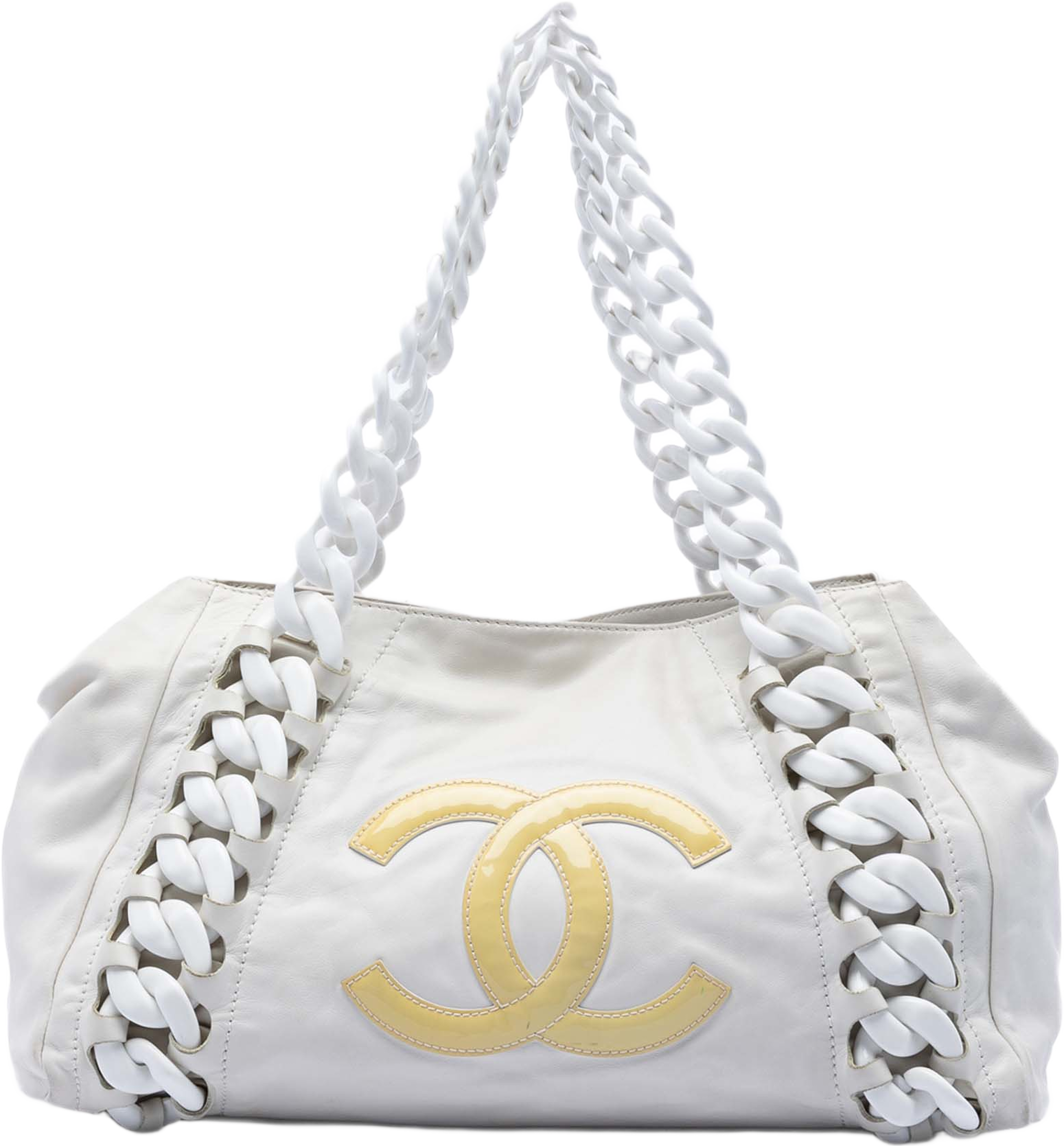 Chanel Calfskin Modern Chain Rhodoid East West Tote, från Luxclusif, i färgen white. Klicka för att öppna bilden i stort format