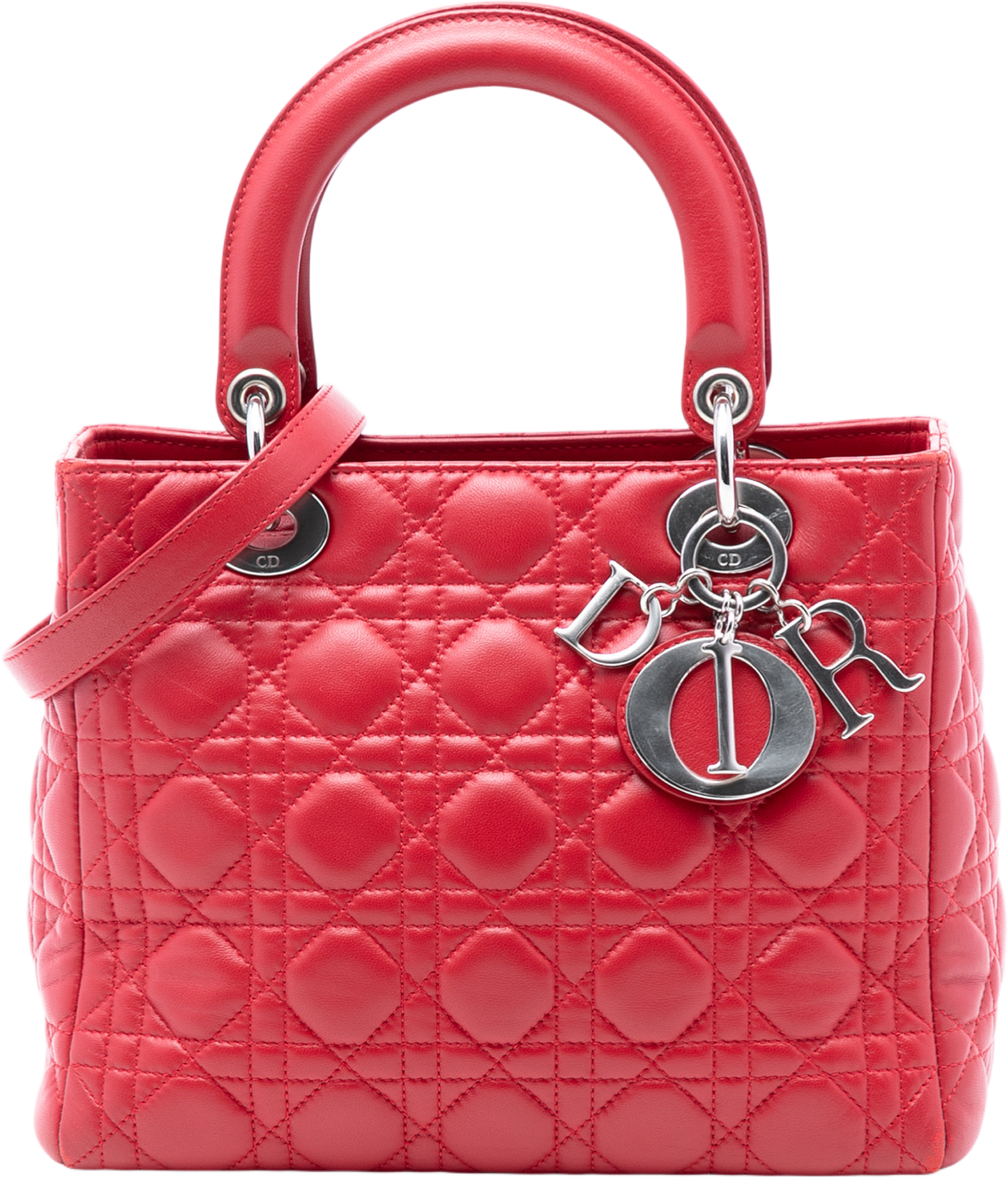 Dior Medium Lambskin Cannage Lady Dior, från Luxclusif, i färgen red. Klicka för att öppna bilden i stort format