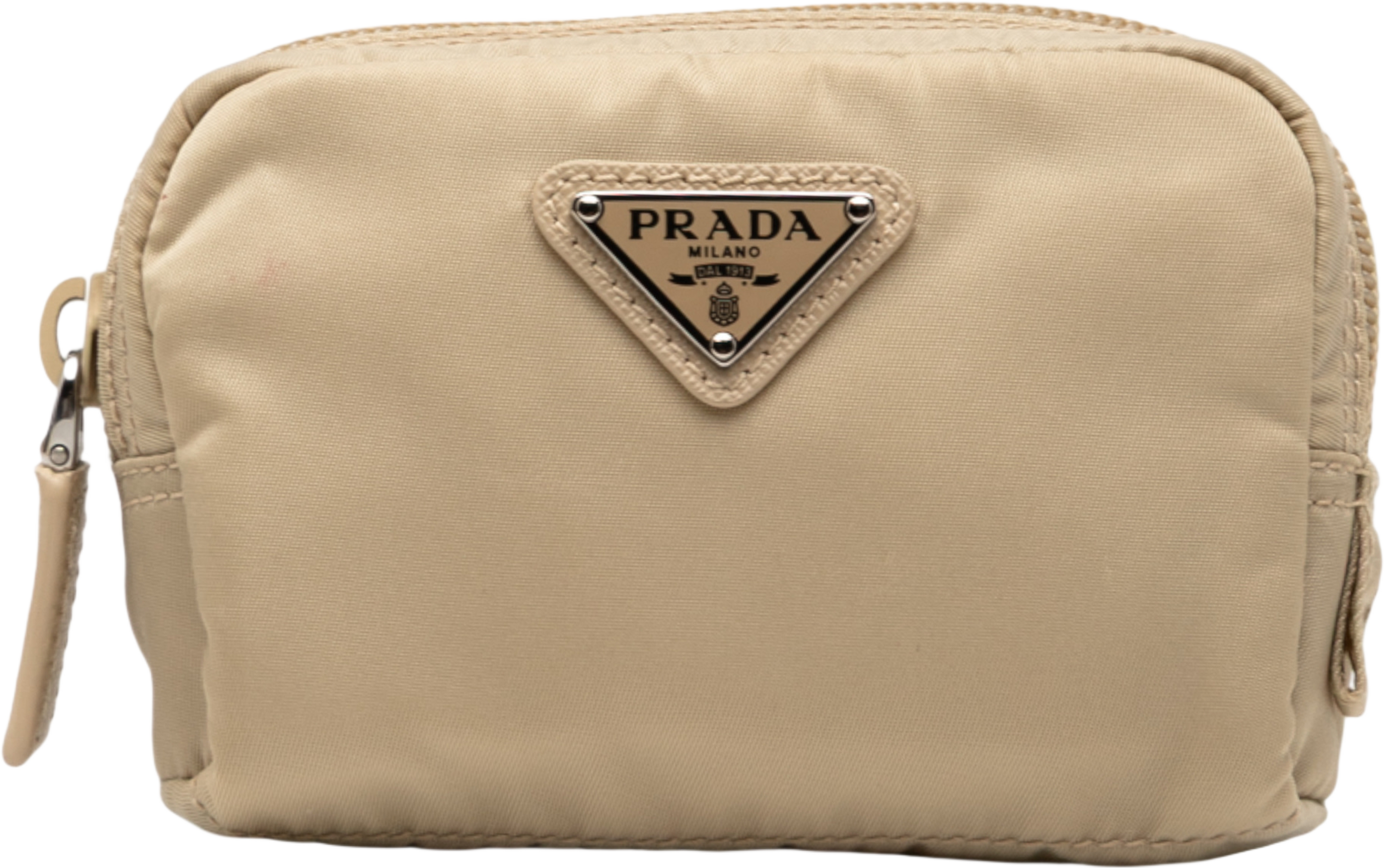 Prada Tessuto Cosmetic Pouch, från Luxclusif, i färgen beige. Klicka för att öppna bilden i stort format