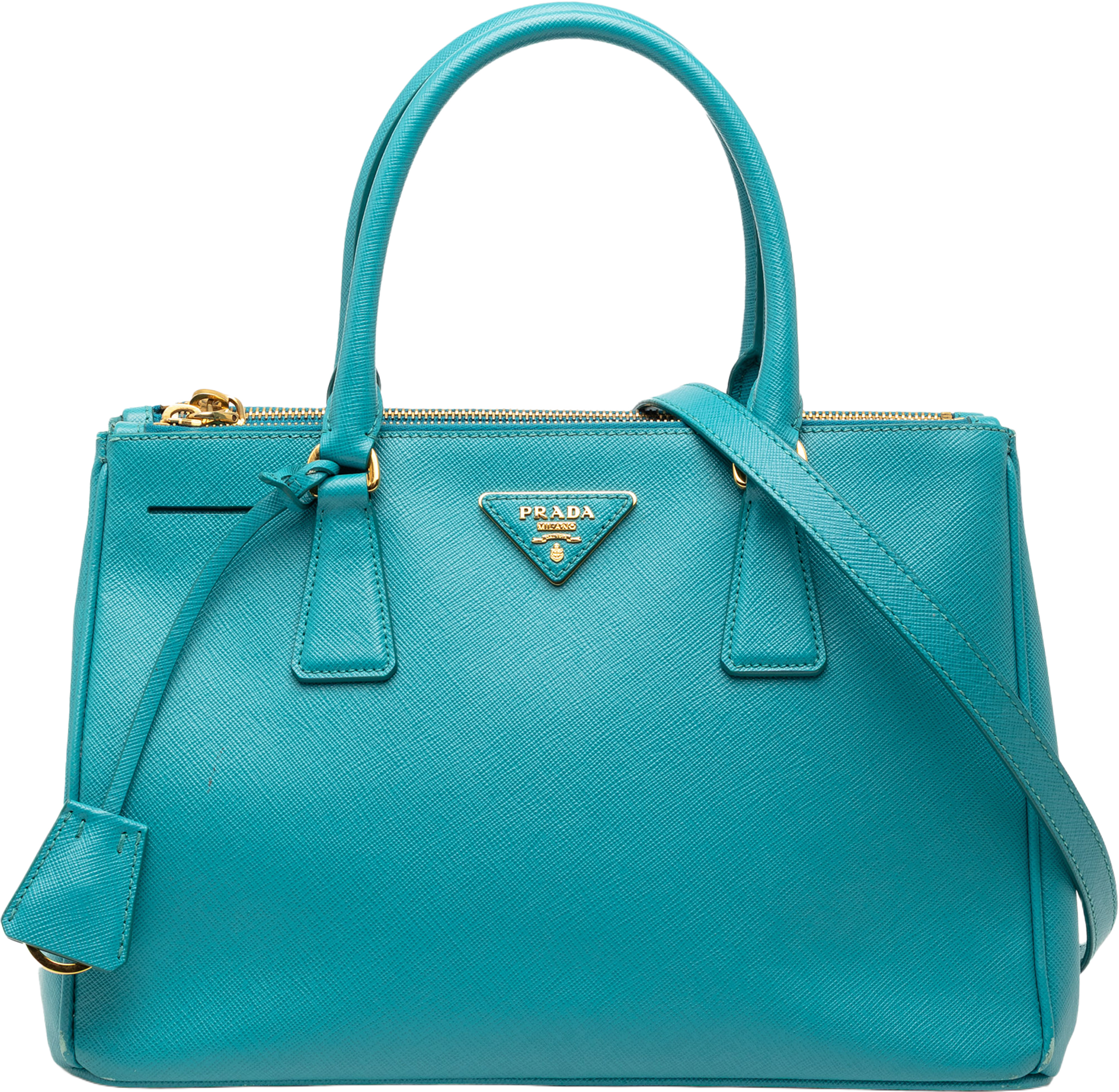 Prada Small Saffiano Lux Galleria Double Zip Satchel, från Luxclusif, i färgen aqua. Klicka för att öppna bilden i stort format