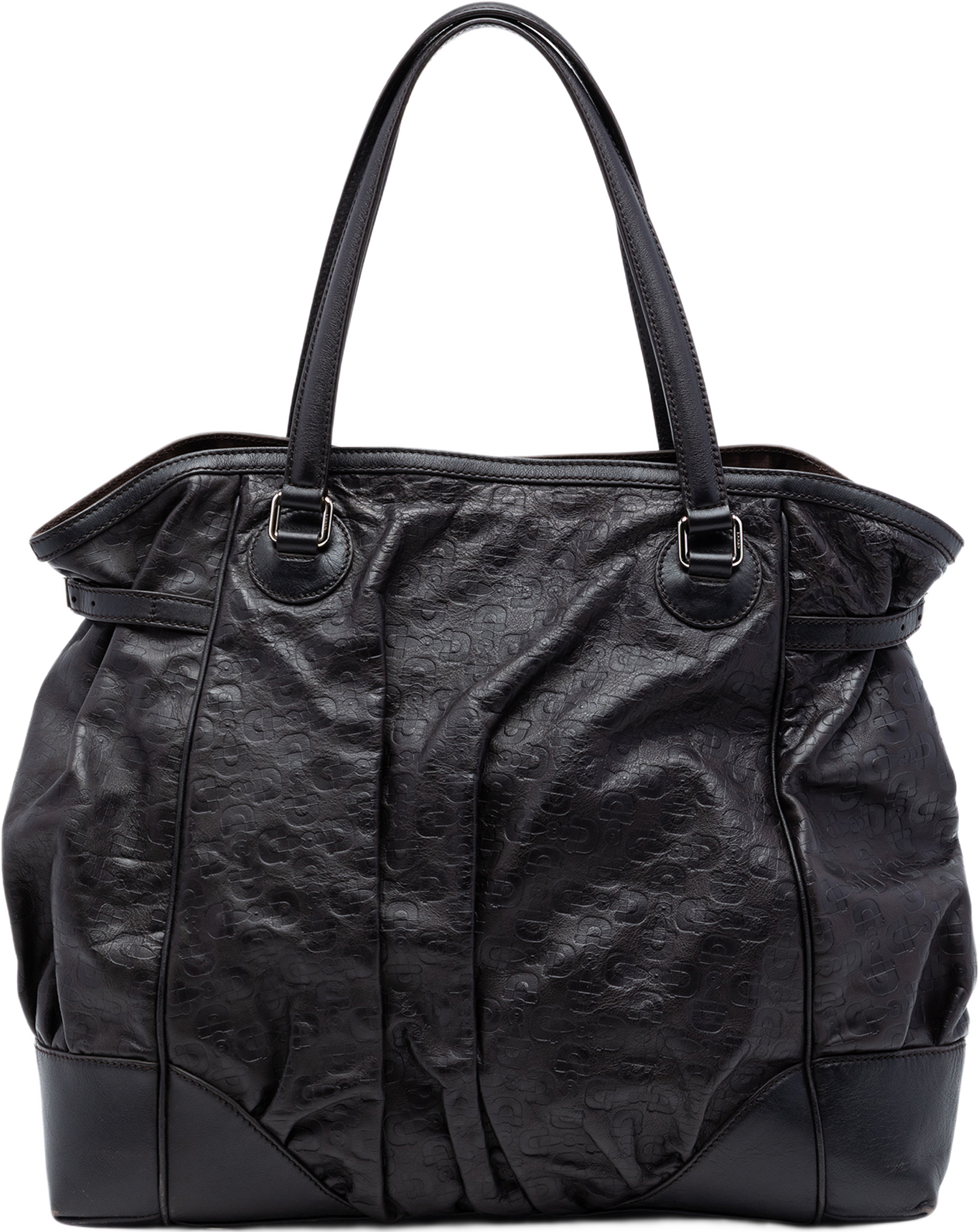 Gucci Embossed Leather Horsebit Full Moon Tote, från Luxclusif, i färgen dark brown. Klicka för att öppna bilden i stort format