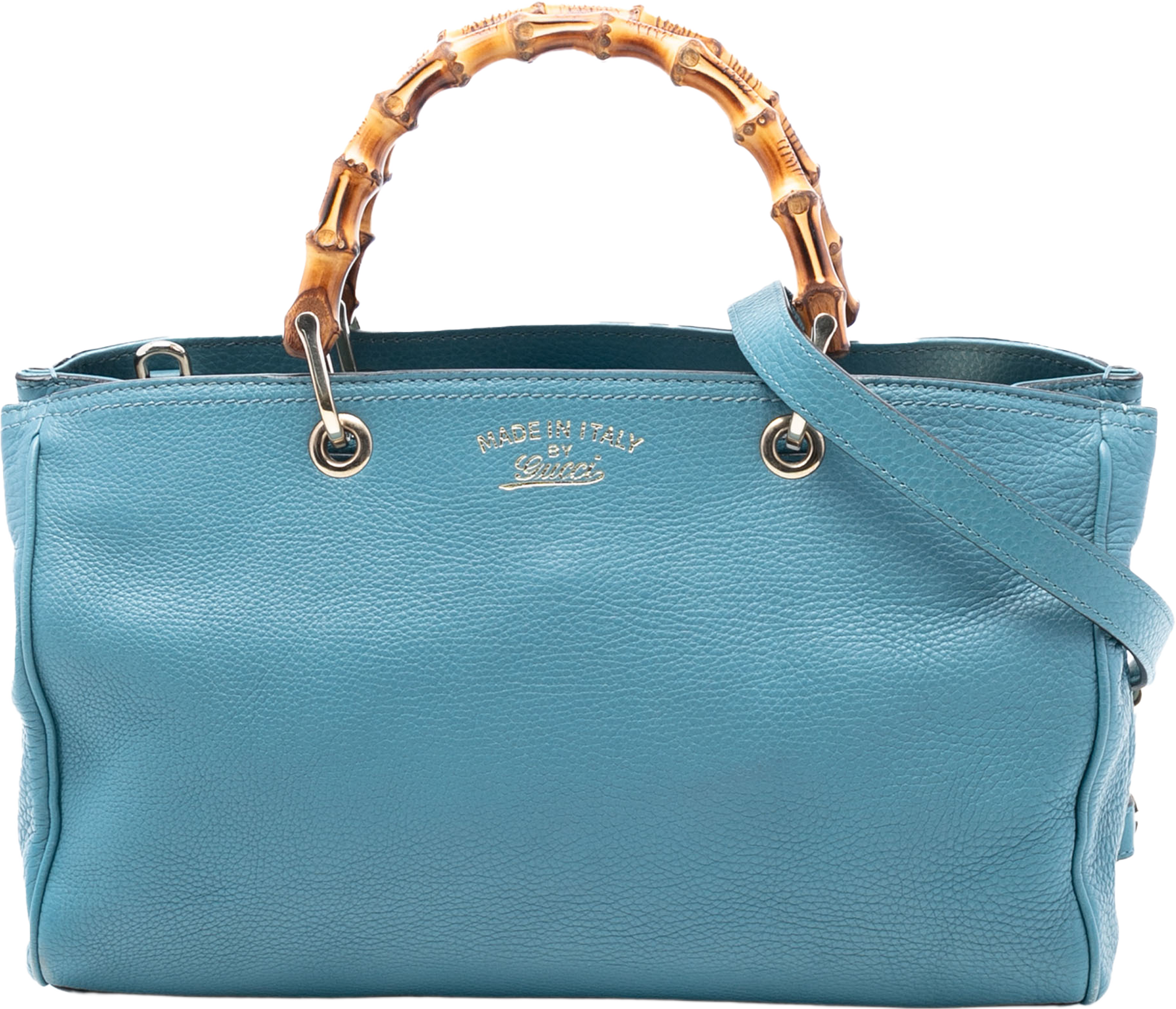 Gucci Medium Calfskin Bamboo Shopper Satchel, från Luxclusif, i färgen light blue. Klicka för att öppna bilden i stort format