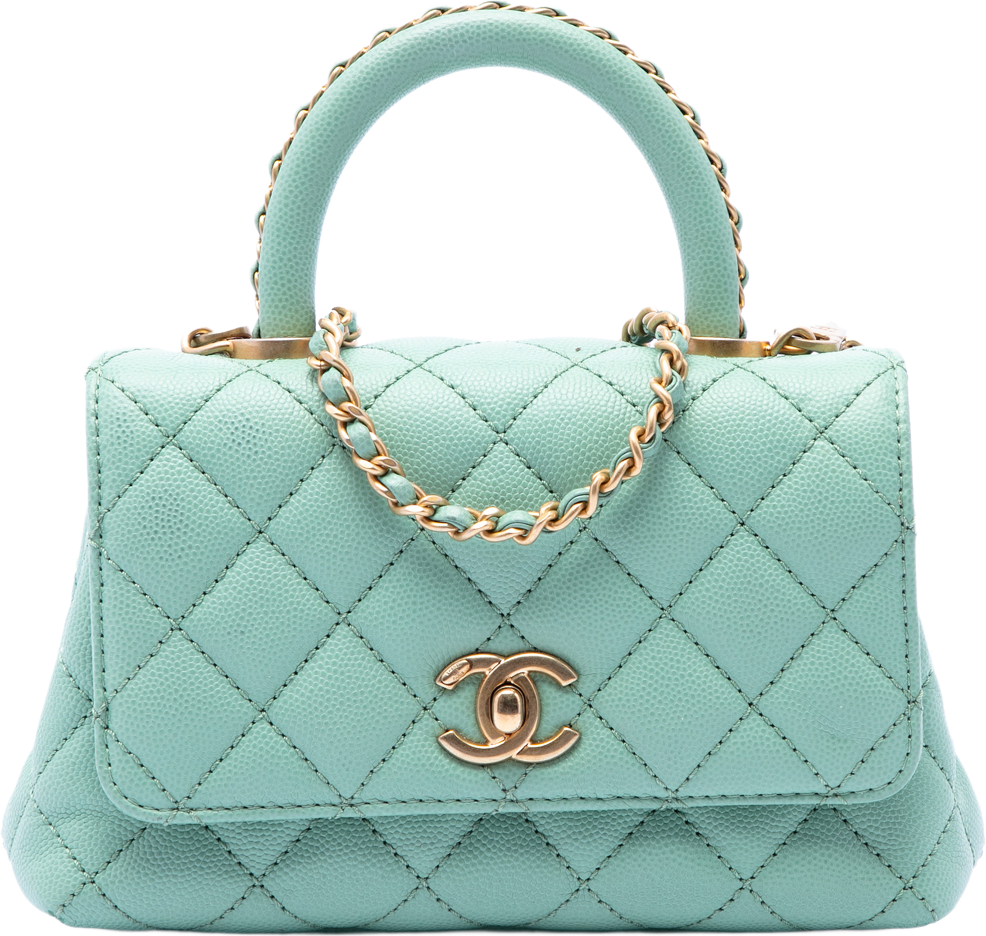 Chanel Extra Mini Quilted Caviar Coco Top Handle Bag, från Luxclusif, i färgen light blue. Klicka för att öppna bilden i stort format