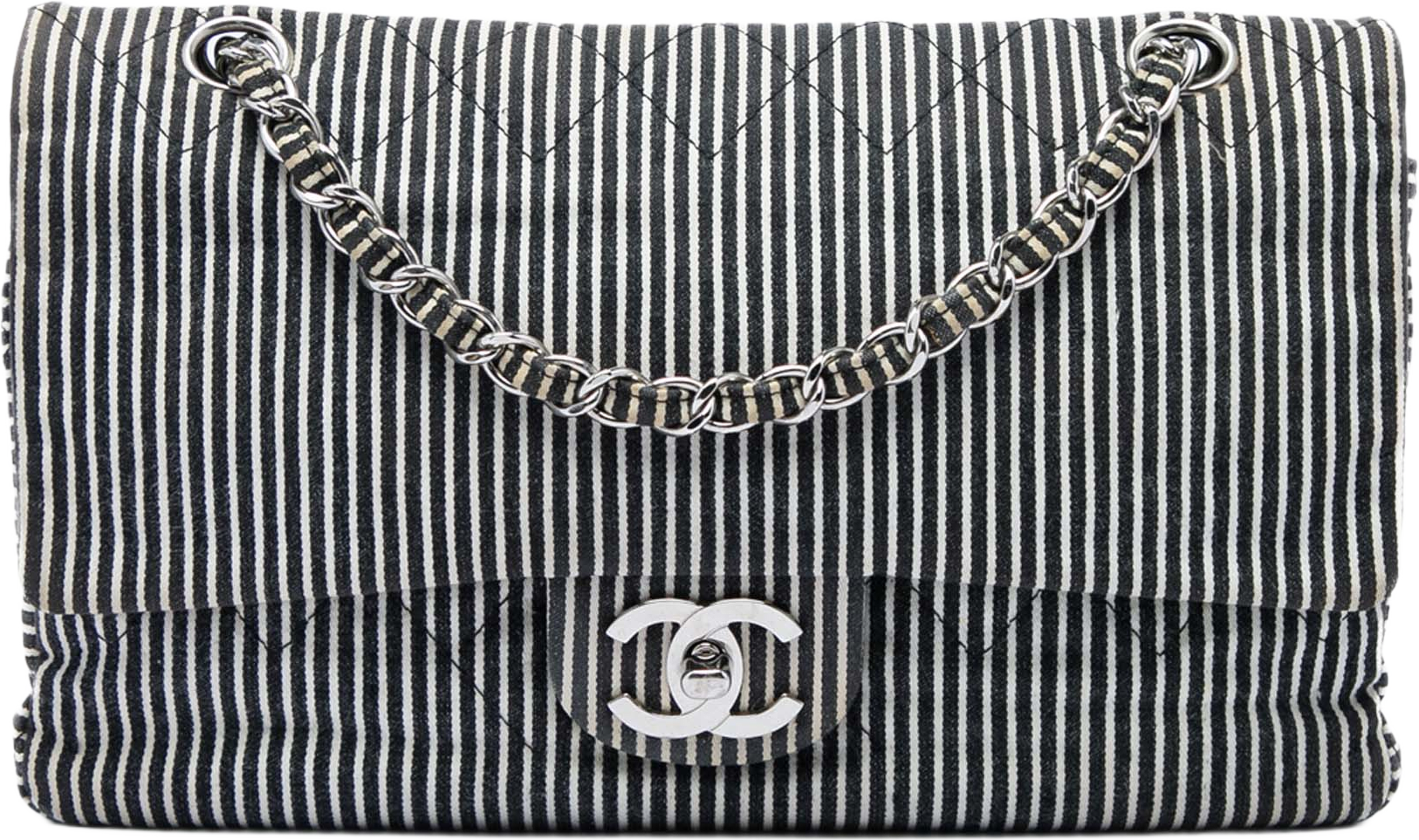 Chanel Medium Classic Canvas Stripes Double Flap, från Luxclusif, i färgen svart. Klicka för att öppna bilden i stort format