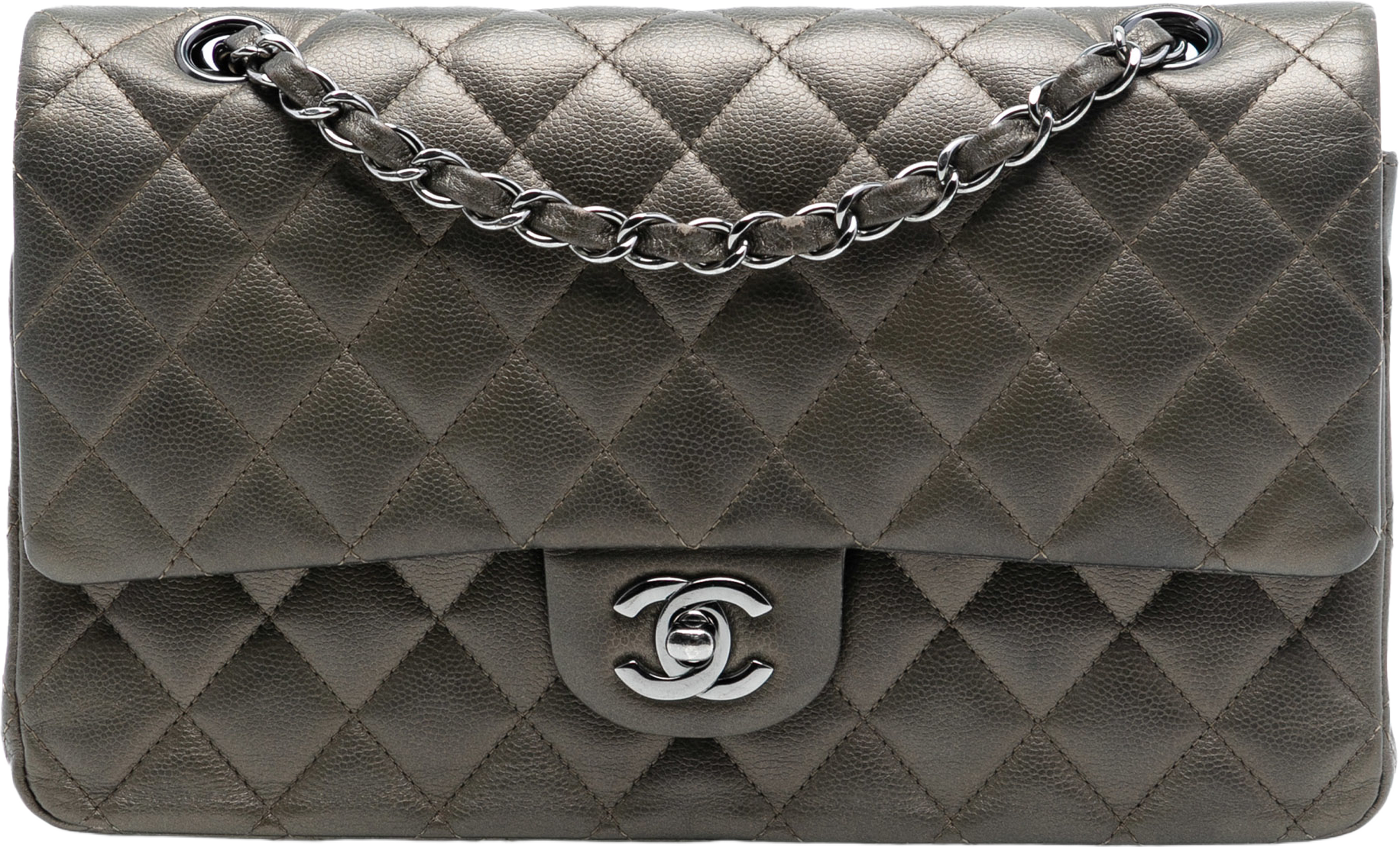 Chanel Medium Classic Metallic Caviar Double Flap, från Luxclusif, i färgen gray. Klicka för att öppna bilden i stort format