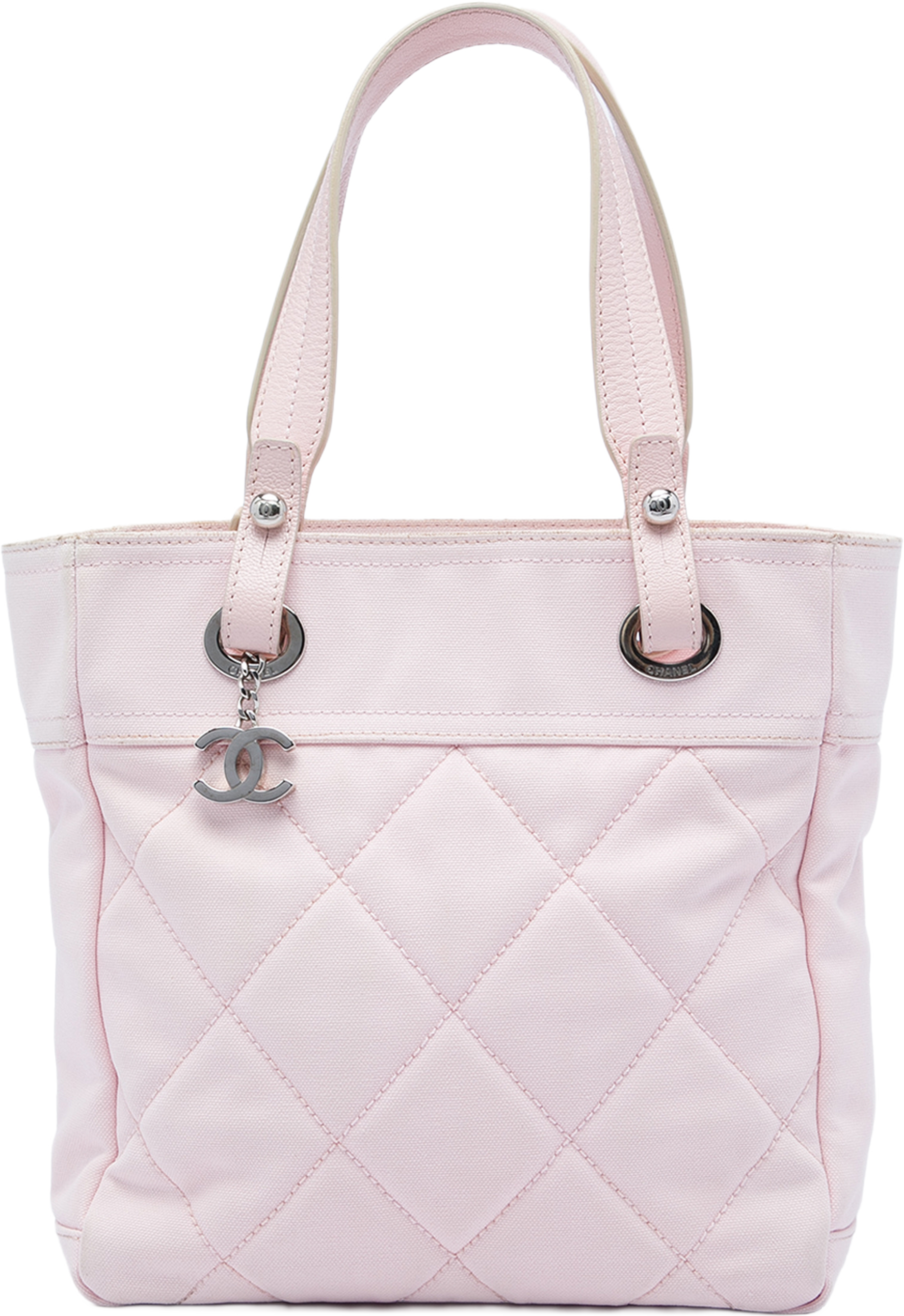 Chanel Small Quilted Canvas Paris Biarritz Tote, från Luxclusif, i färgen rosa. Klicka för att öppna bilden i stort format