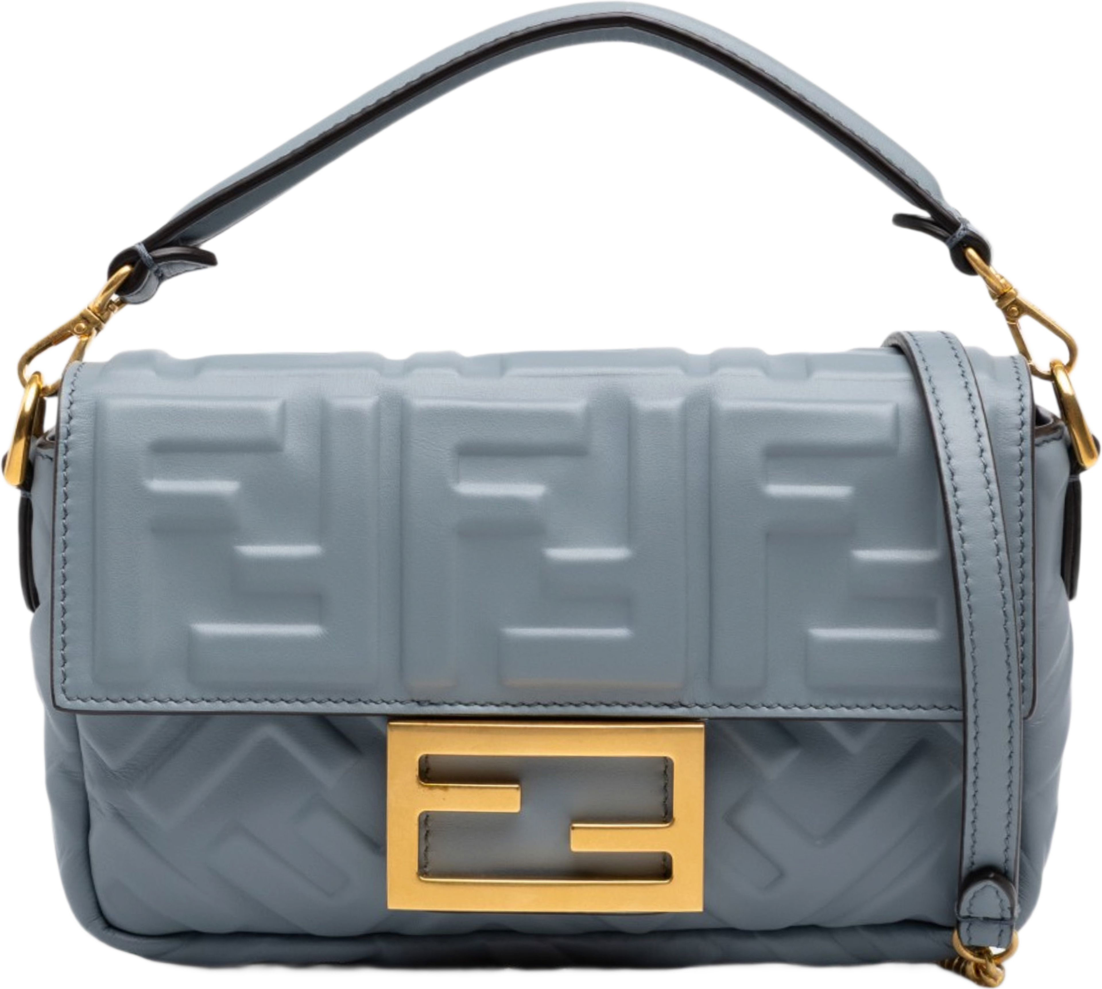 Fendi Mini Zucca Embossed Leather Baguette Satchel, från Luxclusif, i färgen grå. Klicka för att öppna bilden i stort format