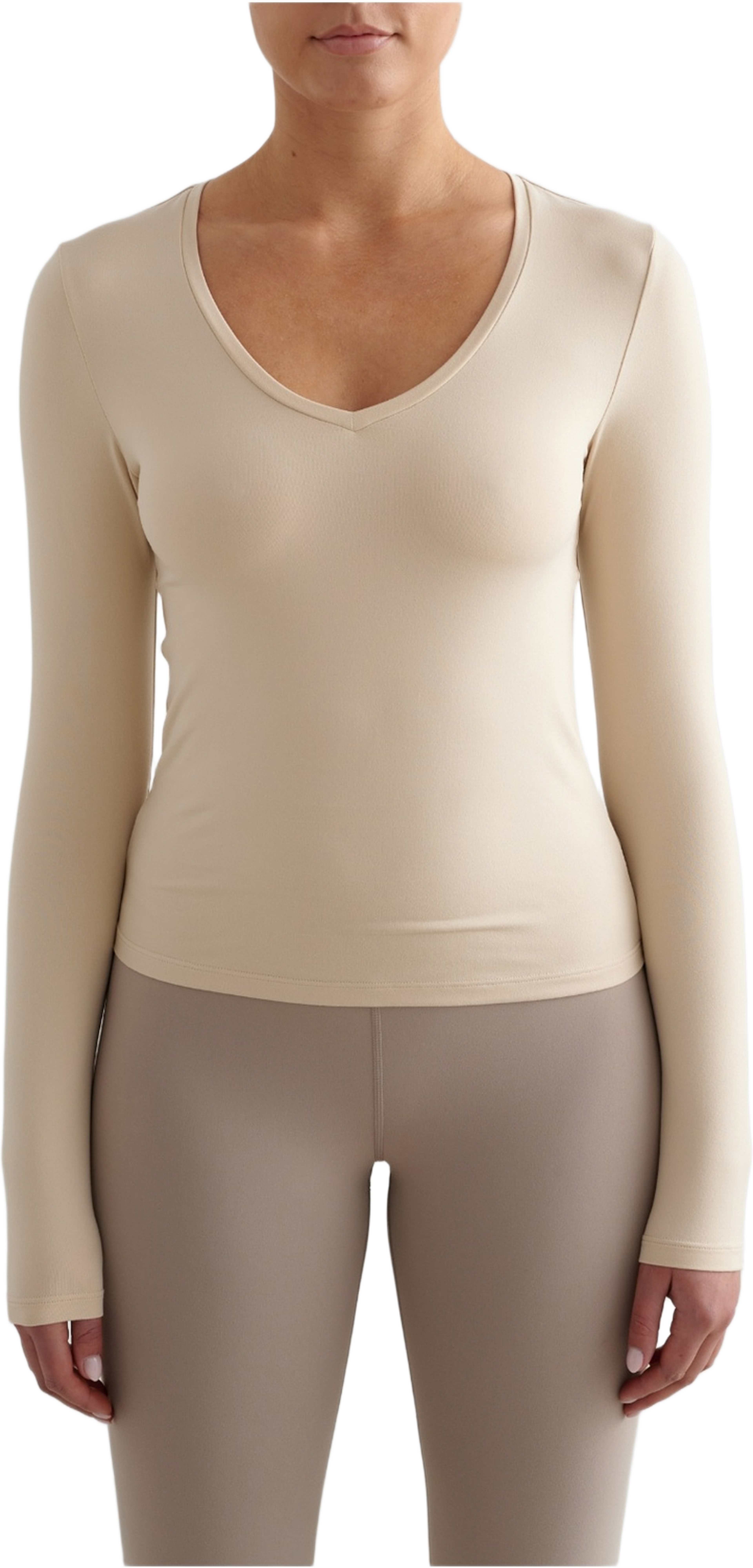 Soft Basic V-neck Long Sleeve, från aim'n, i färgen café au lait. Klicka för att öppna bilden i stort format