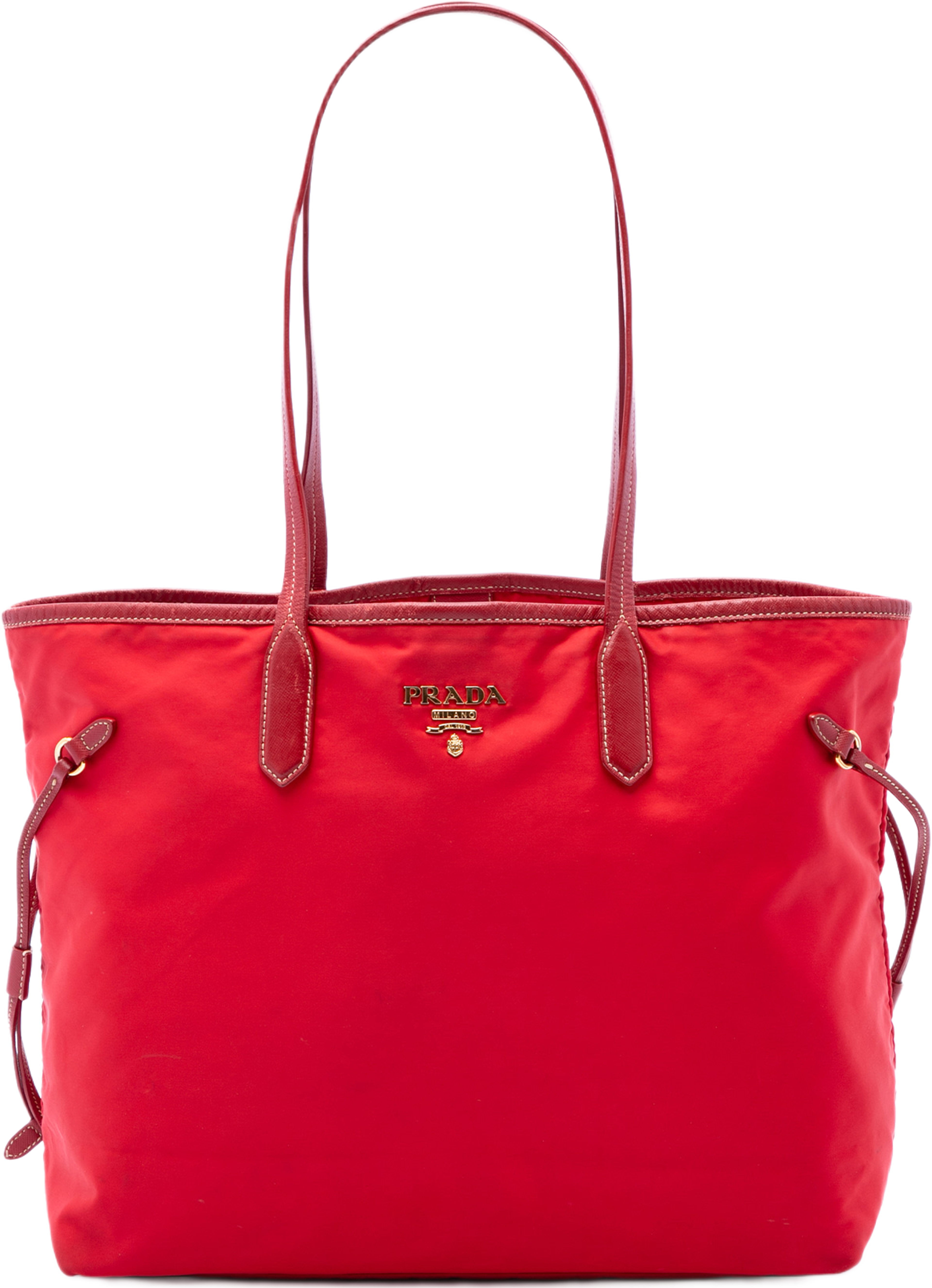 Prada Saffiano Trimmed Tessuto Tote, från Luxclusif, i färgen röd. Klicka för att öppna bilden i stort format