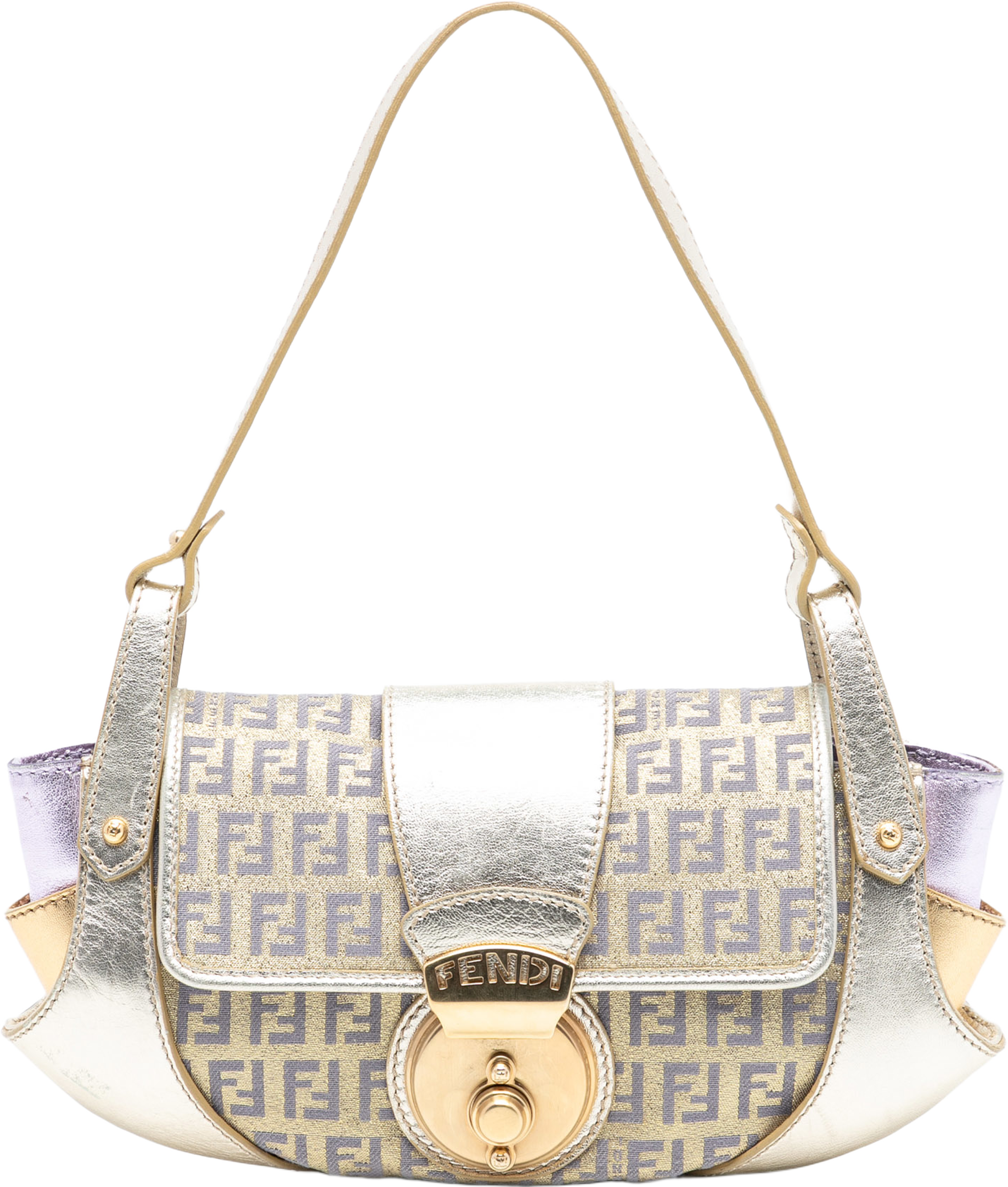 Fendi Zucchino Coated Canvas And Metallic Leather Compilation Shoulder Bag, från Luxclusif, i färgen gold. Klicka för att öppna bilden i stort format