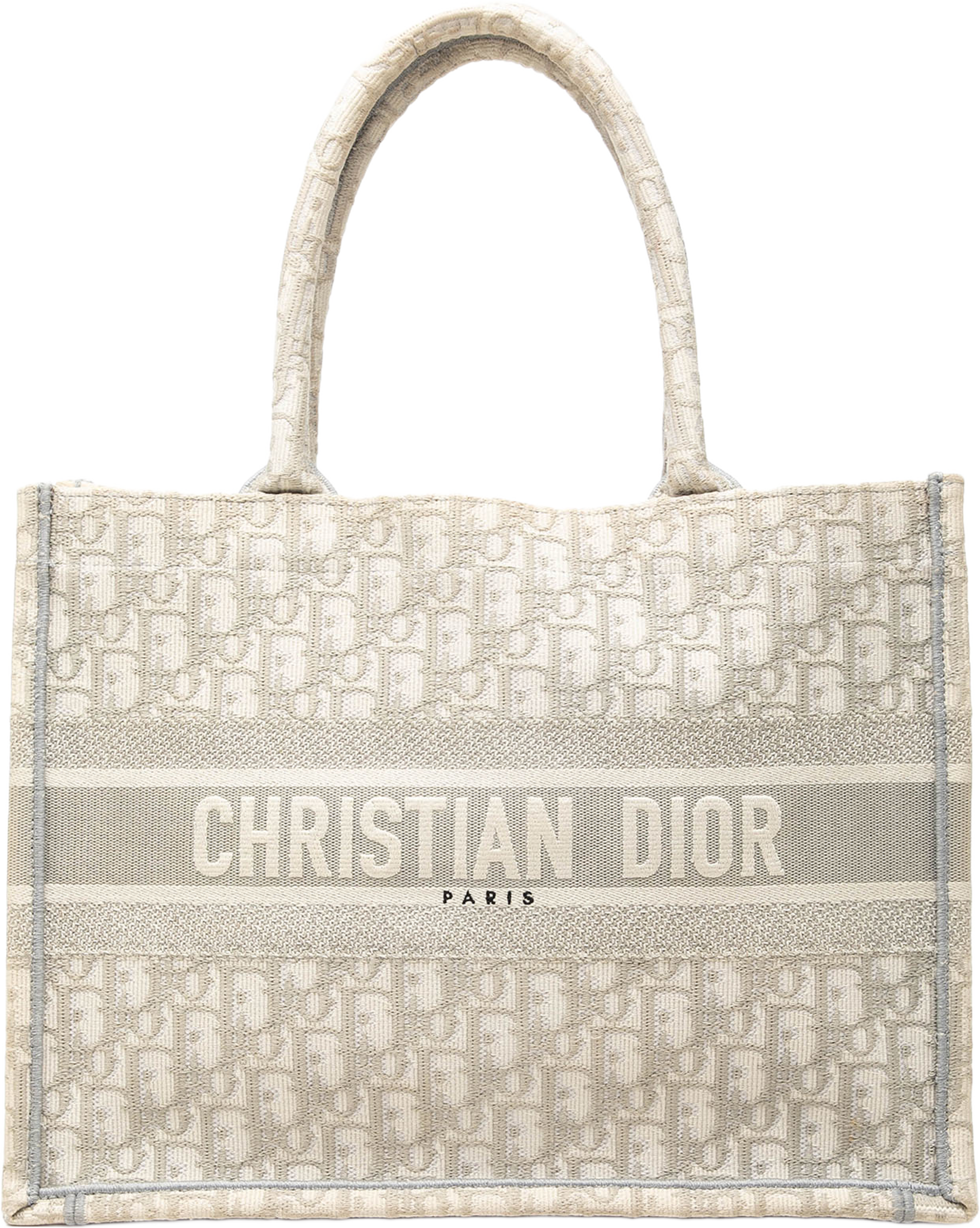 Dior Medium Oblique Embroidered Canvas Book Tote, från Luxclusif, i färgen grå. Klicka för att öppna bilden i stort format