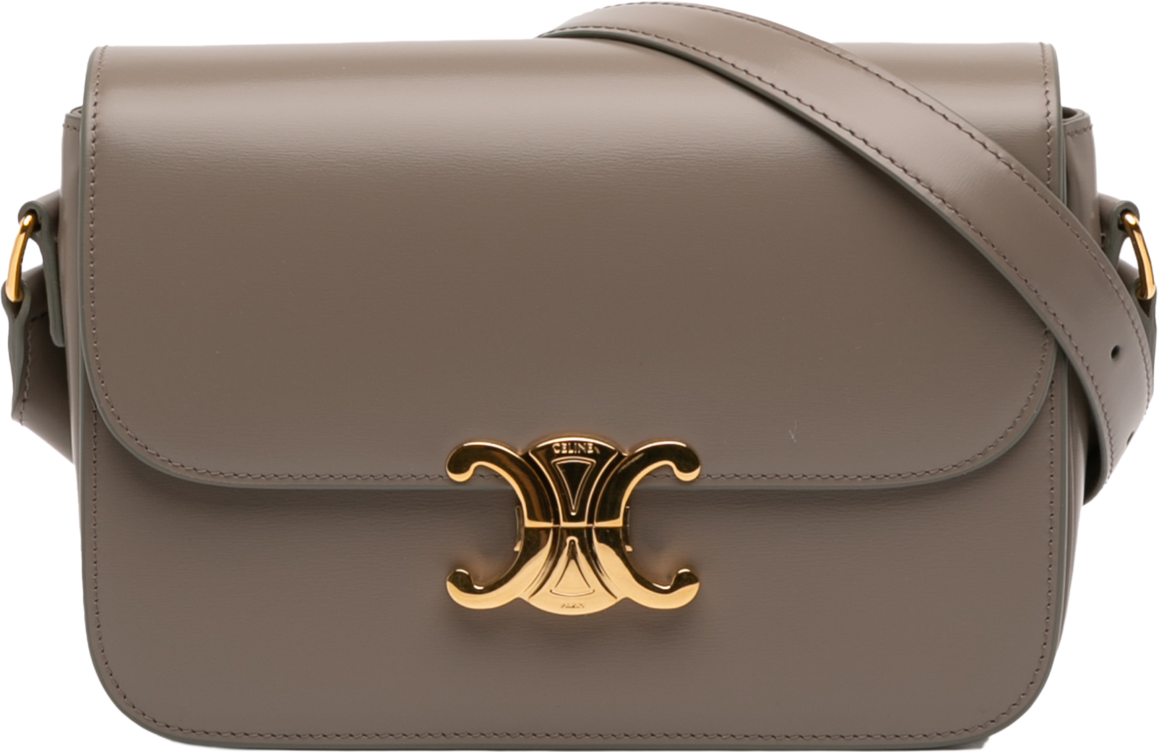 Celine Classique Shiny Calfskin Triomphe Crossbody, från Luxclusif, i färgen taupe. Klicka för att öppna bilden i stort format