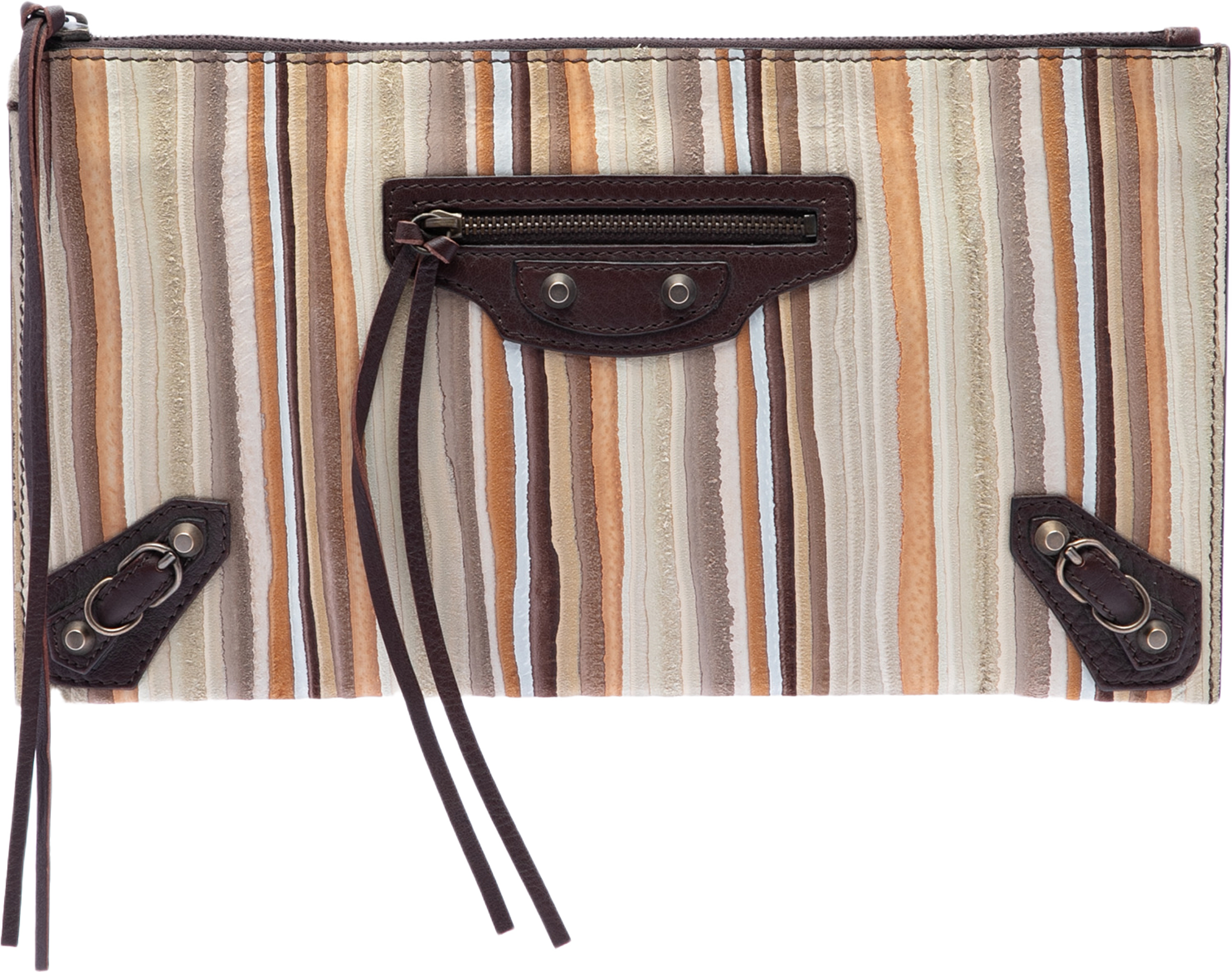 Balenciaga Suede Striped Papier Clutch, från Luxclusif, i färgen beige. Klicka för att öppna bilden i stort format
