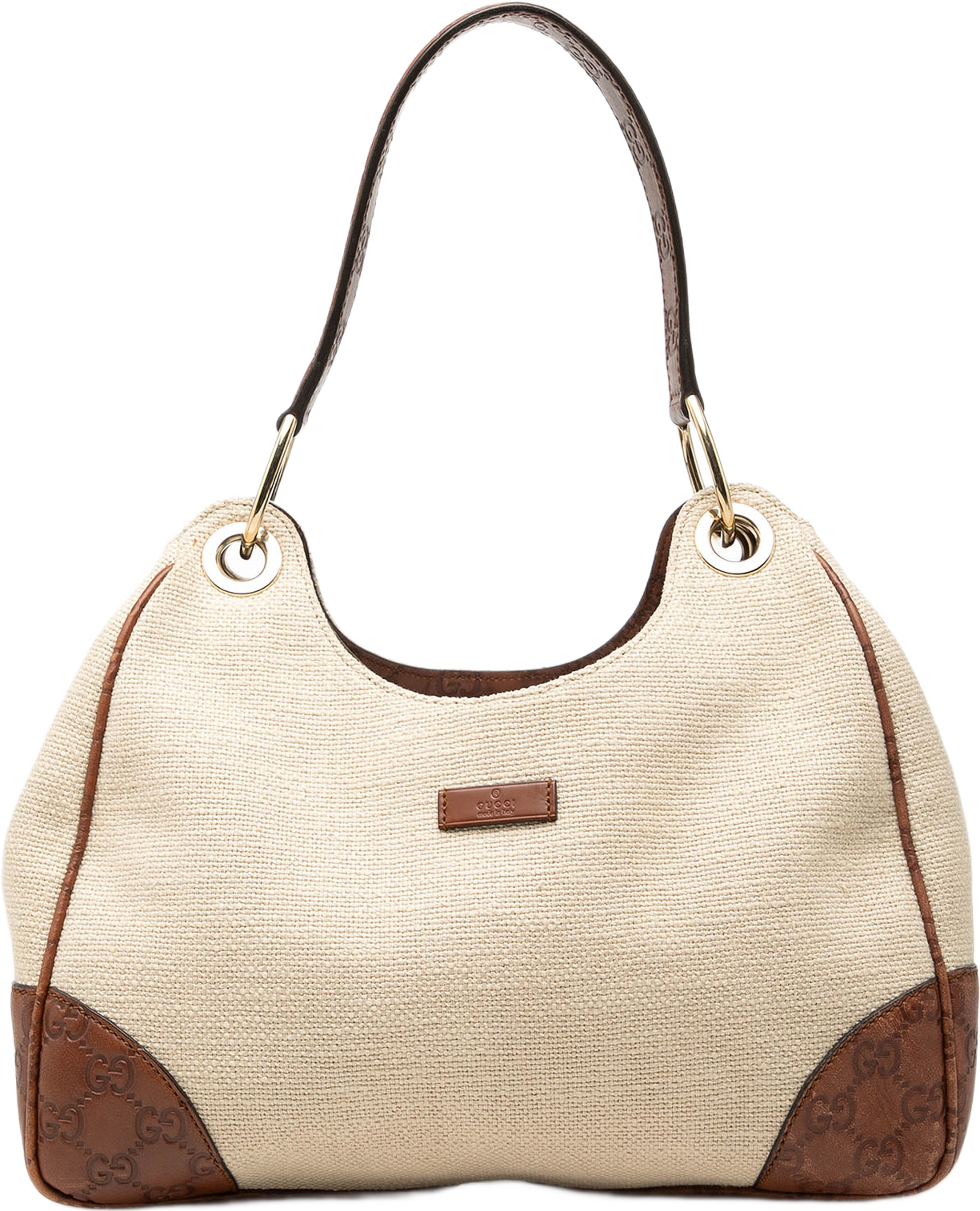 Gucci Guccissima Trimmed Canvas Colbert Shoulder Bag, från Luxclusif, i färgen brun. Klicka för att öppna bilden i stort format