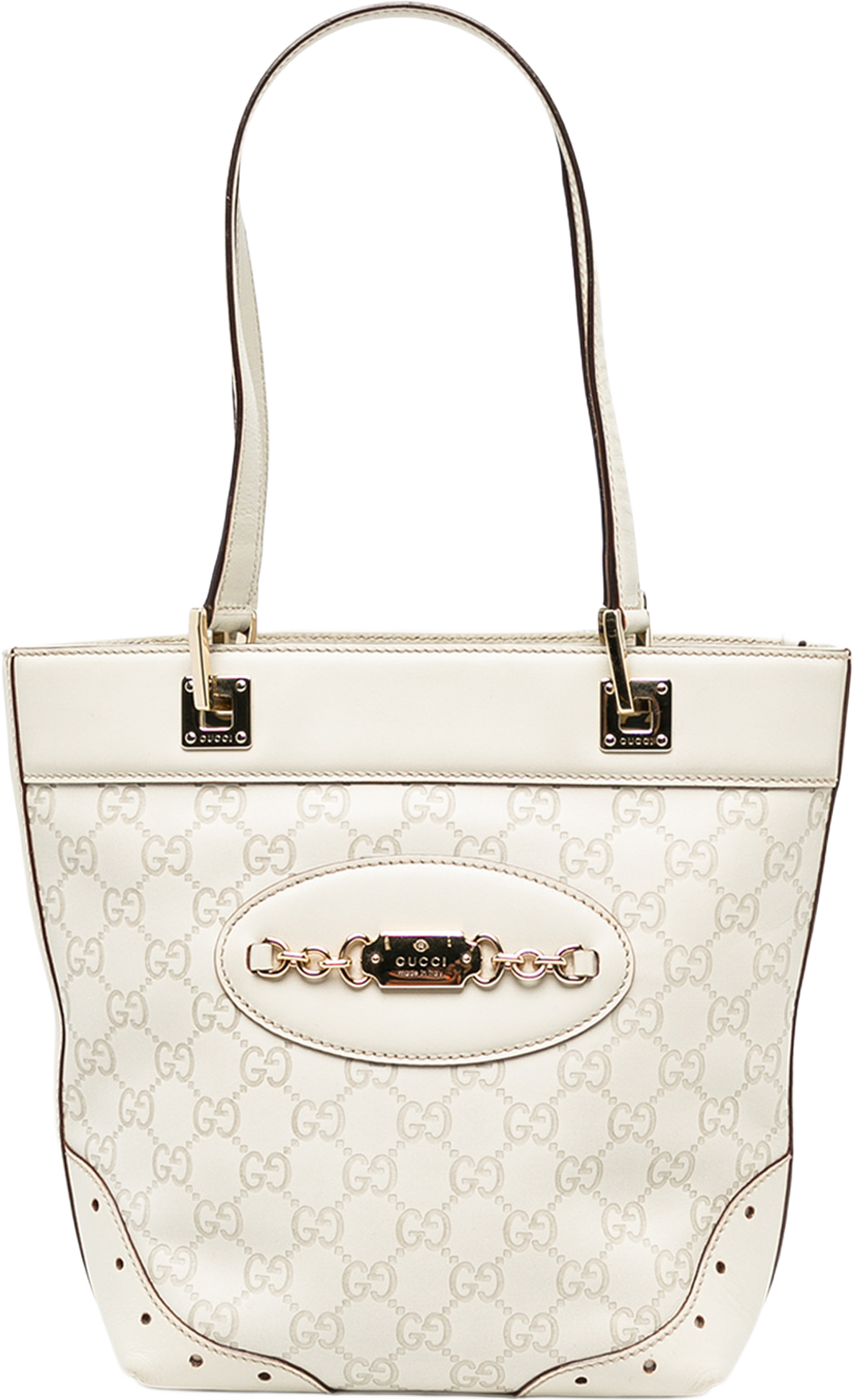 Gucci Mini Guccissima Punch Tote, från Luxclusif, i färgen vit. Klicka för att öppna bilden i stort format