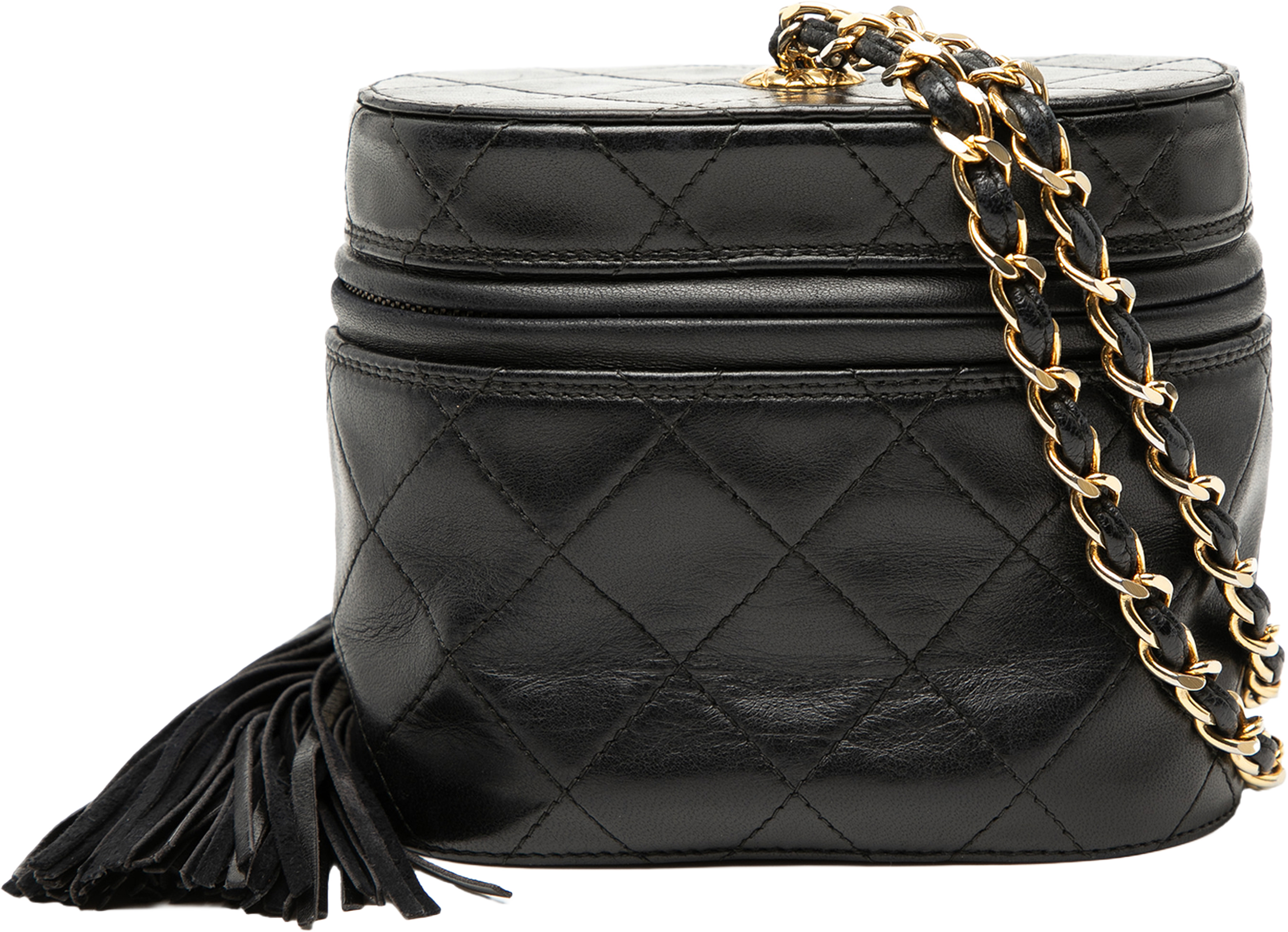 Chanel Quilted Lambskin Tassel Vanity Case With Chain, från Luxclusif, i färgen black. Klicka för att öppna bilden i stort format