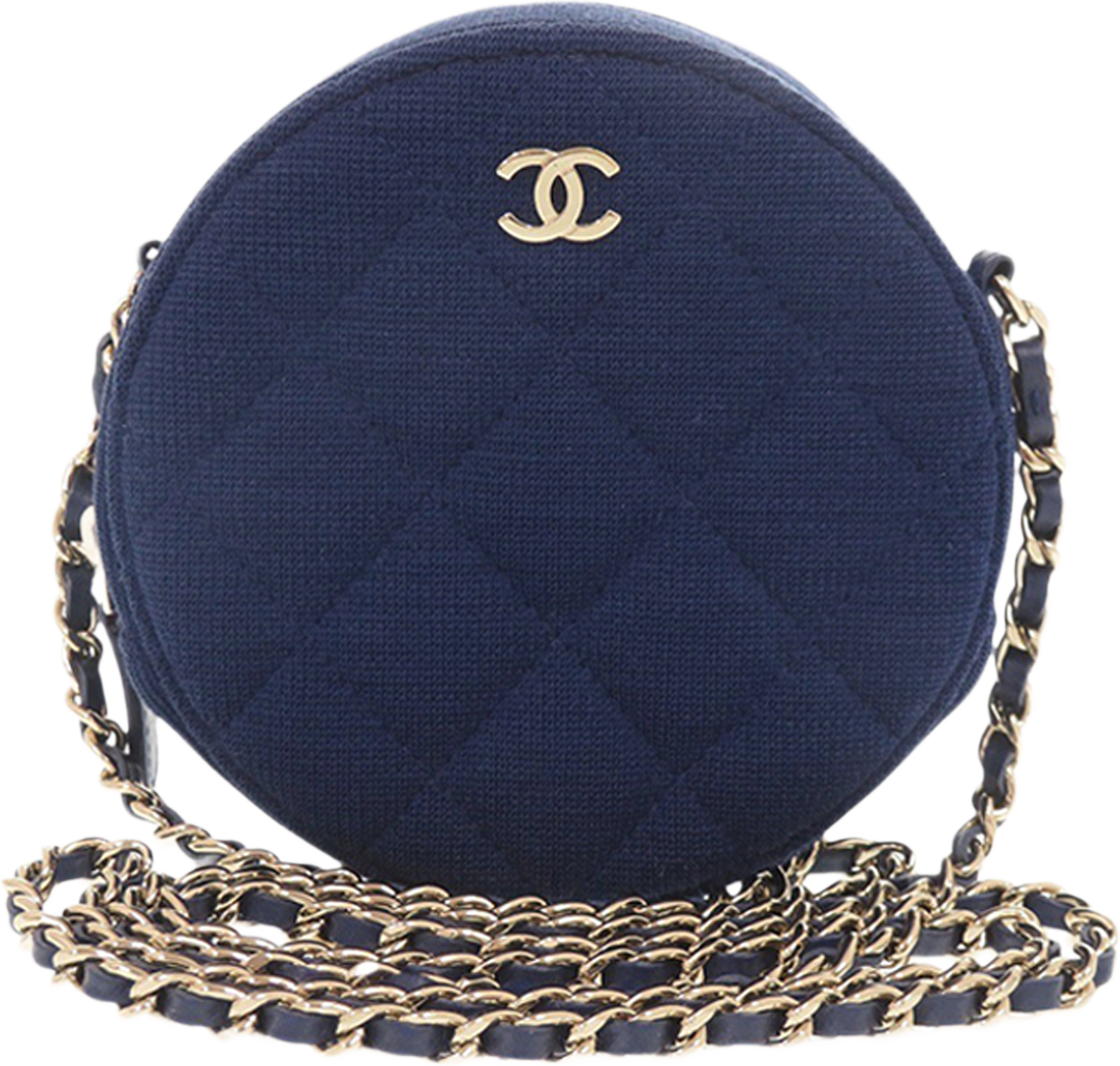 Chanel Cc Quilted Jersey Round Clutch With Chain, från Luxclusif, i färgen blue. Klicka för att öppna bilden i stort format