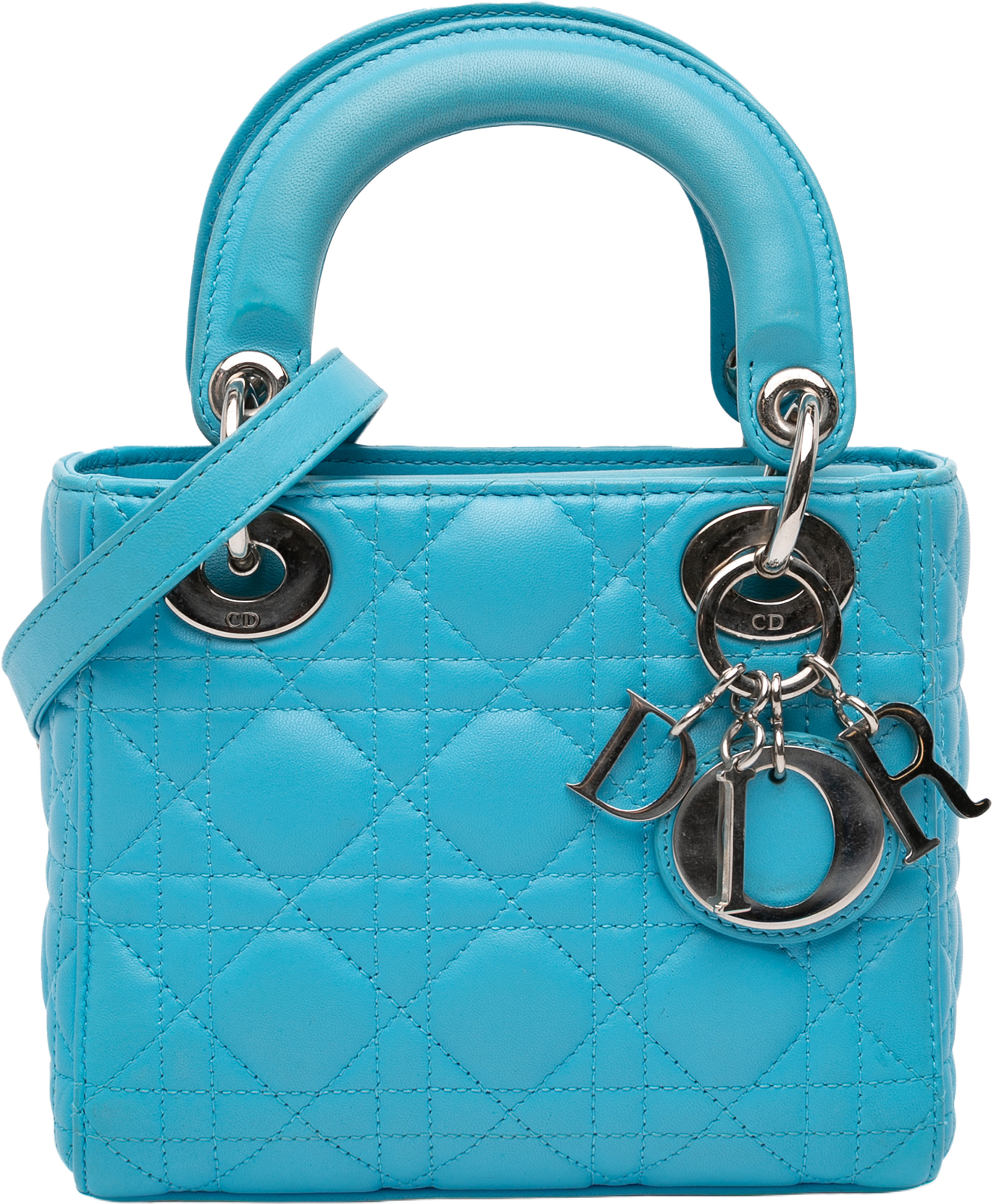 Dior Mini Lambskin Cannage Lady Dior, från Luxclusif, i färgen aqua. Klicka för att öppna bilden i stort format