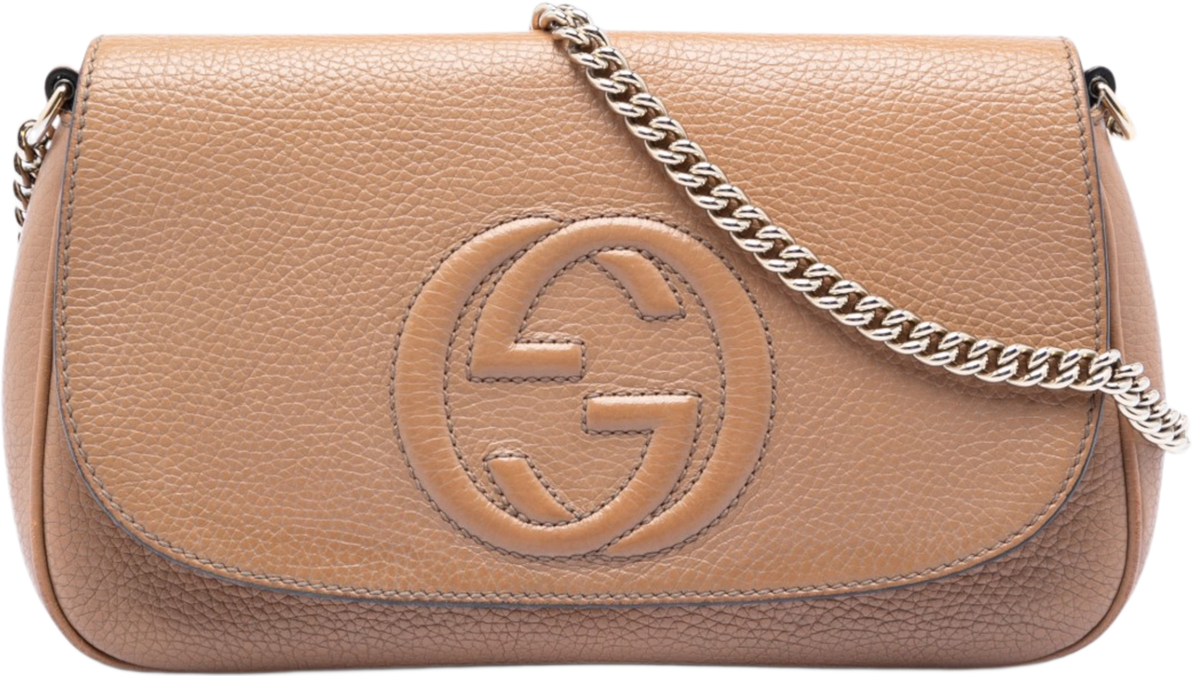 Gucci Medium Calfskin Soho Chain Flap Crossbody, från Luxclusif, i färgen light brown. Klicka för att öppna bilden i stort format