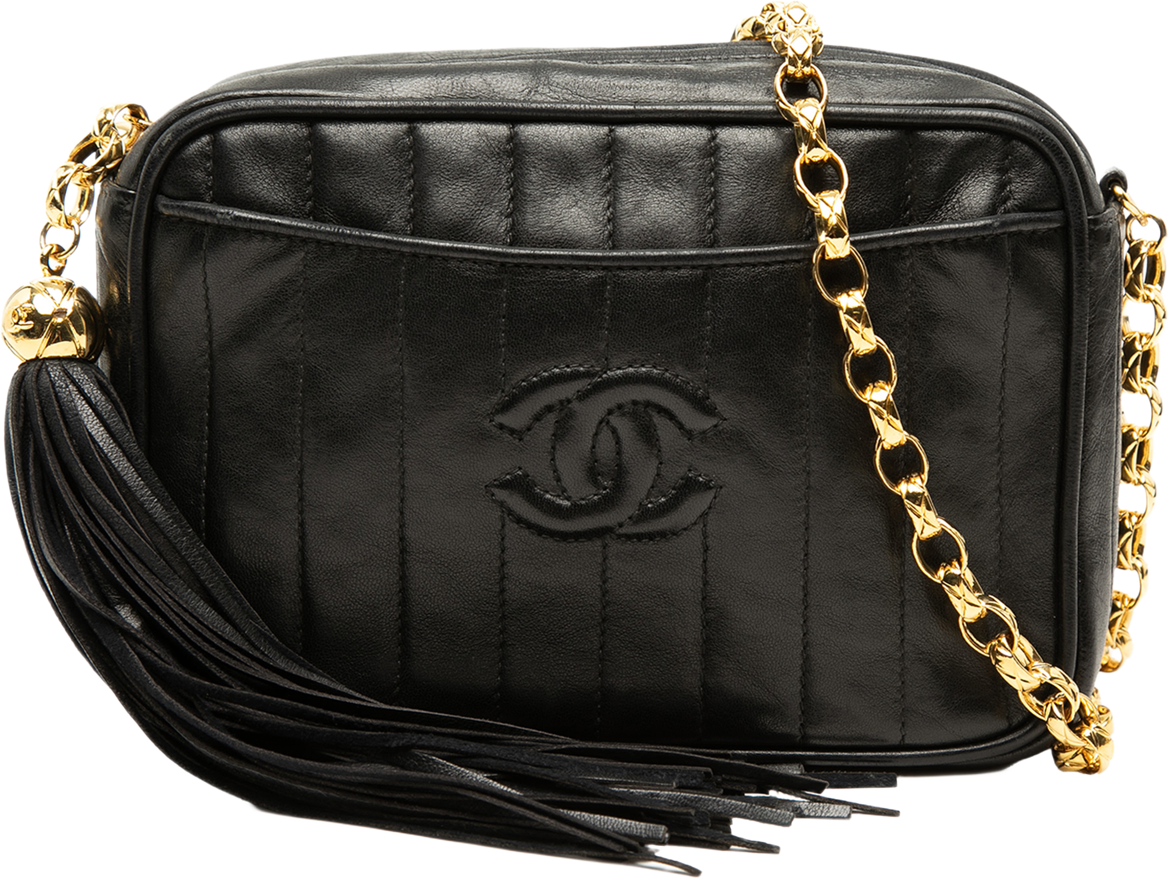 Chanel Cc Vertical Quilted Lambskin Tassel Camera Bag, från Luxclusif, i färgen black. Klicka för att öppna bilden i stort format
