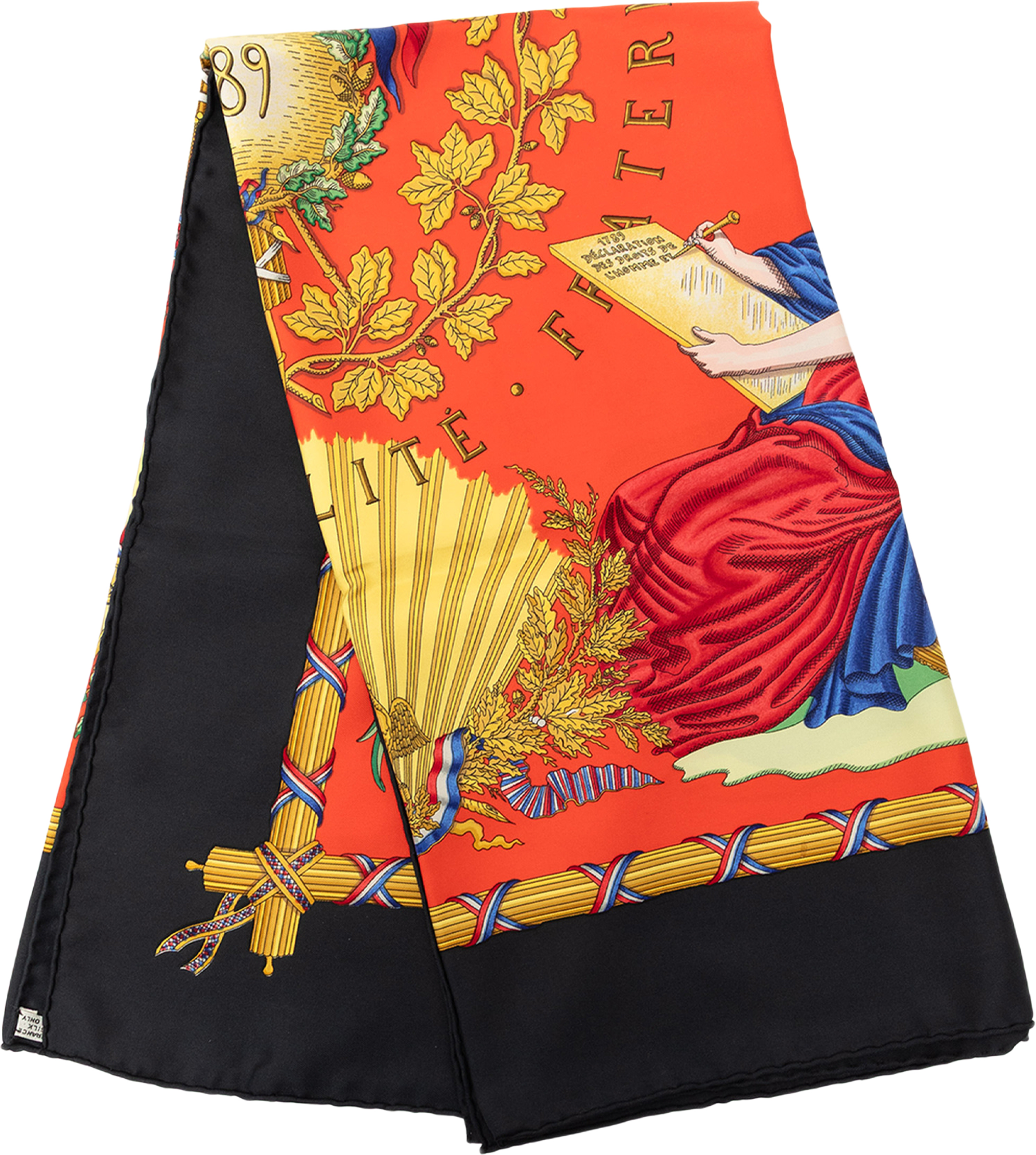 Hermès Republique Francaise Liberte Egalite Fraternite 1789 Silk Scarf 90, från Luxclusif, i färgen orange. Klicka för att öppna bilden i stort format