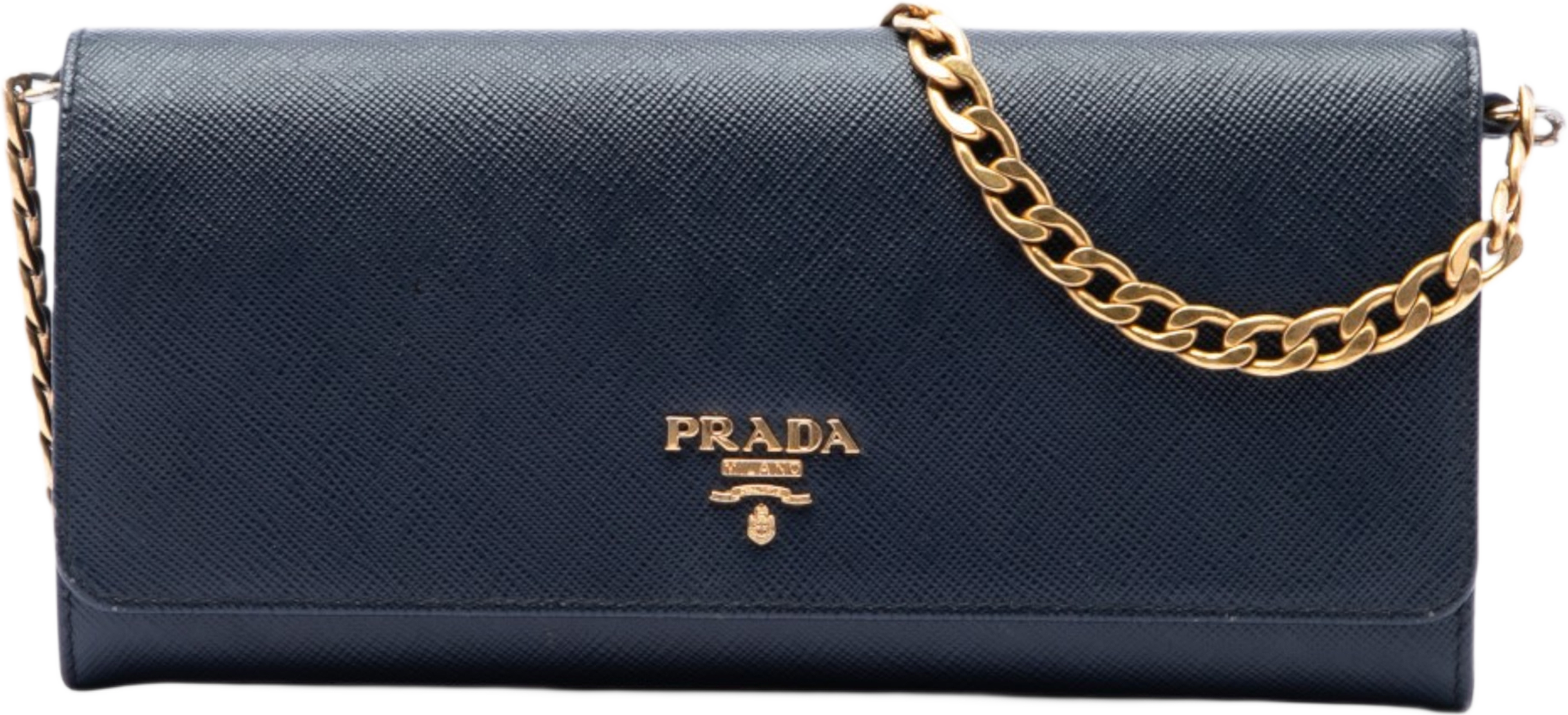 Prada Saffiano Lux Wallet On Chain, från Luxclusif, i färgen blå. Klicka för att öppna bilden i stort format