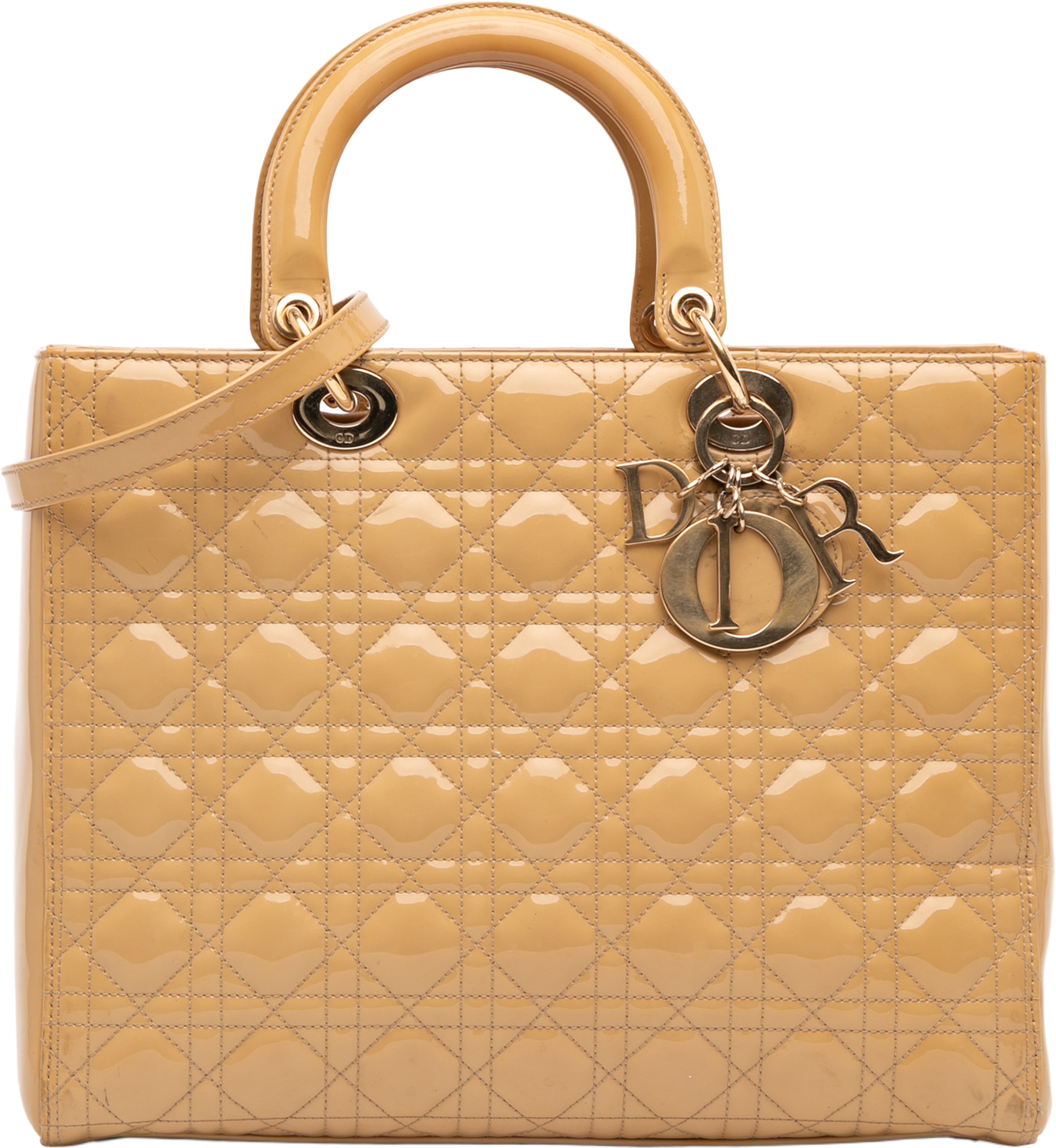 Dior Large Patent Cannage Lady Dior, från Luxclusif, i färgen beige. Klicka för att öppna bilden i stort format