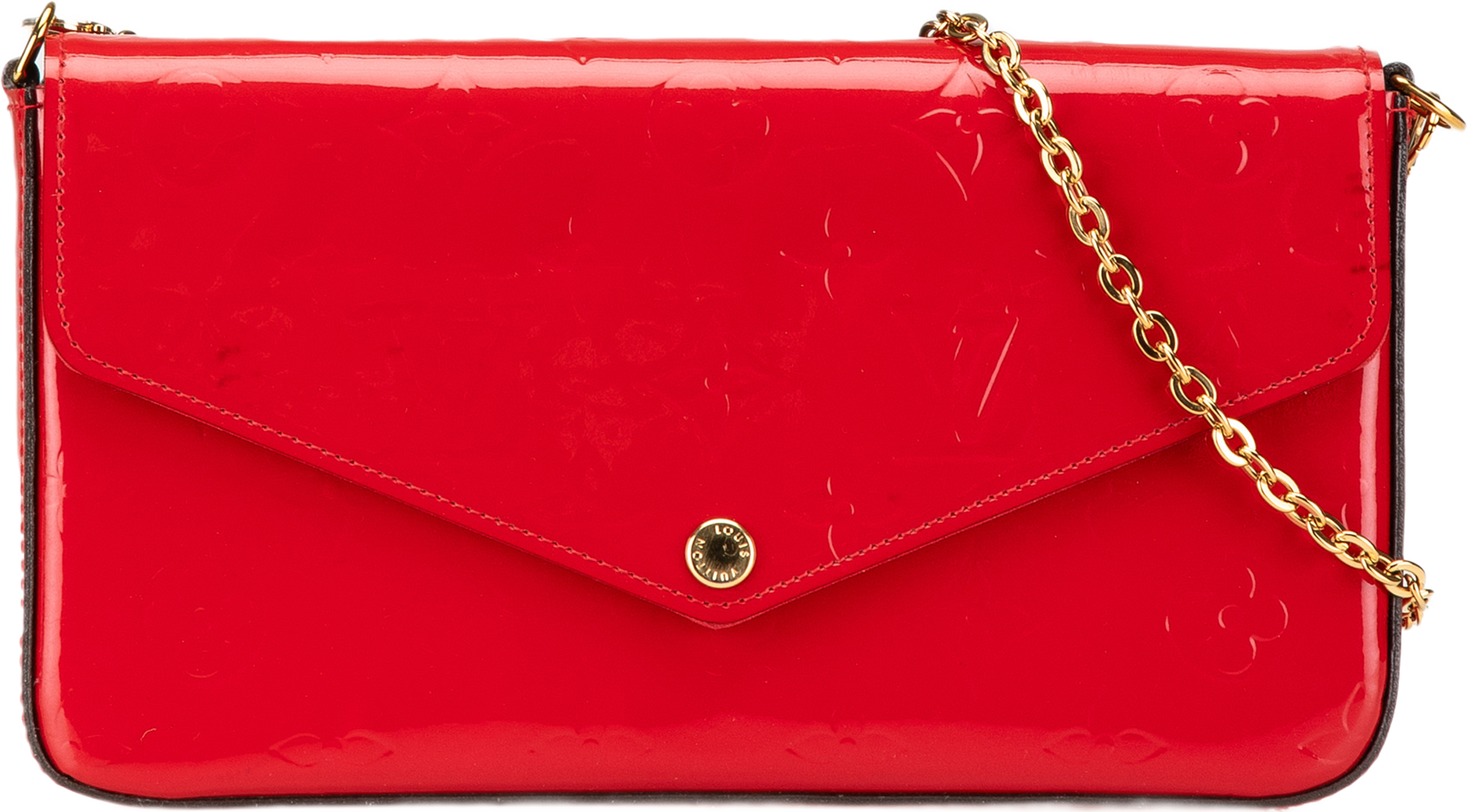 Louis Vuitton Monogram Vernis Pochette Felicie, från Luxclusif, i färgen red. Klicka för att öppna bilden i stort format