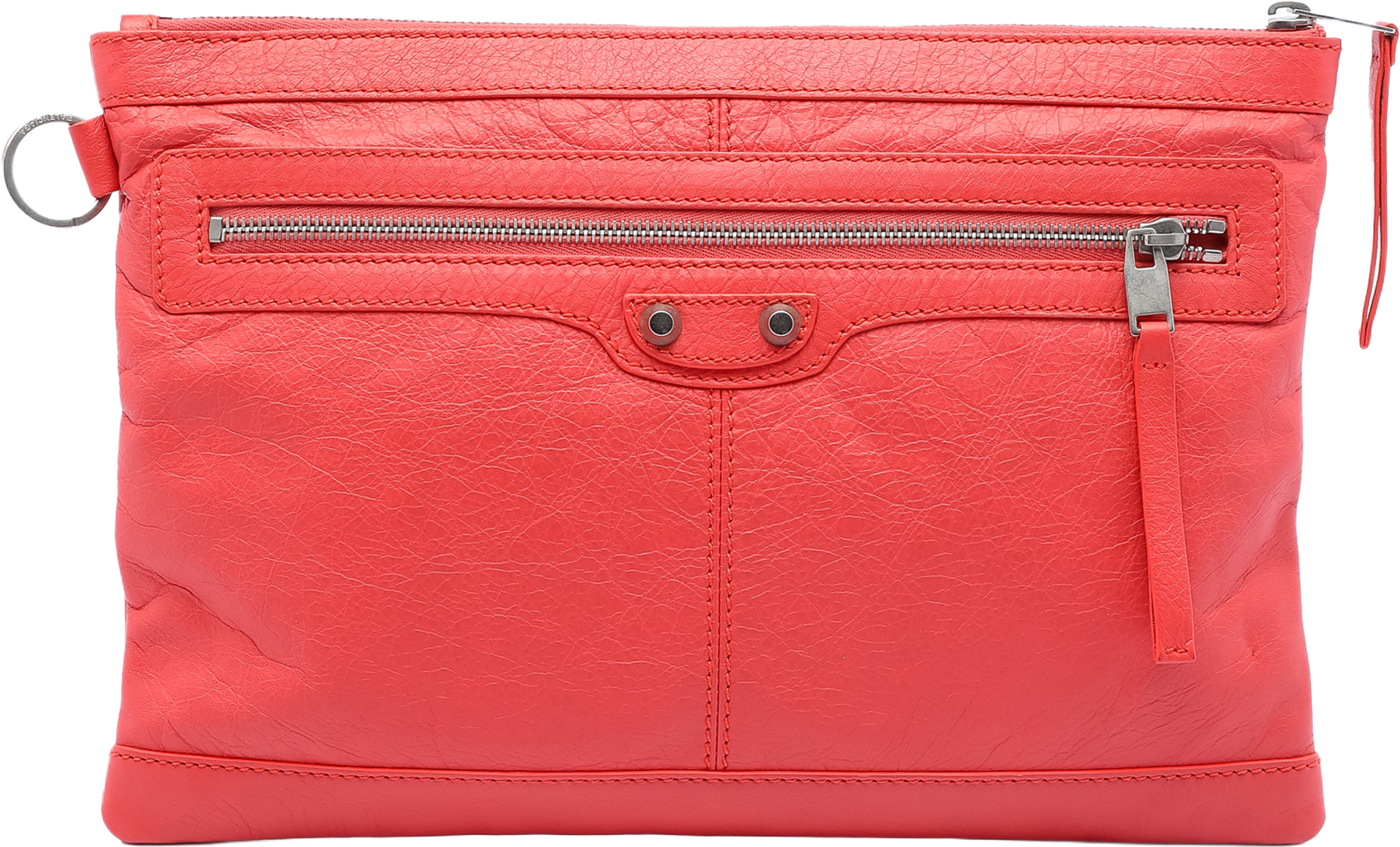 Balenciaga Lambskin Motocross Classic Clip M Clutch, från Luxclusif, i färgen red orange. Klicka för att öppna bilden i stort format