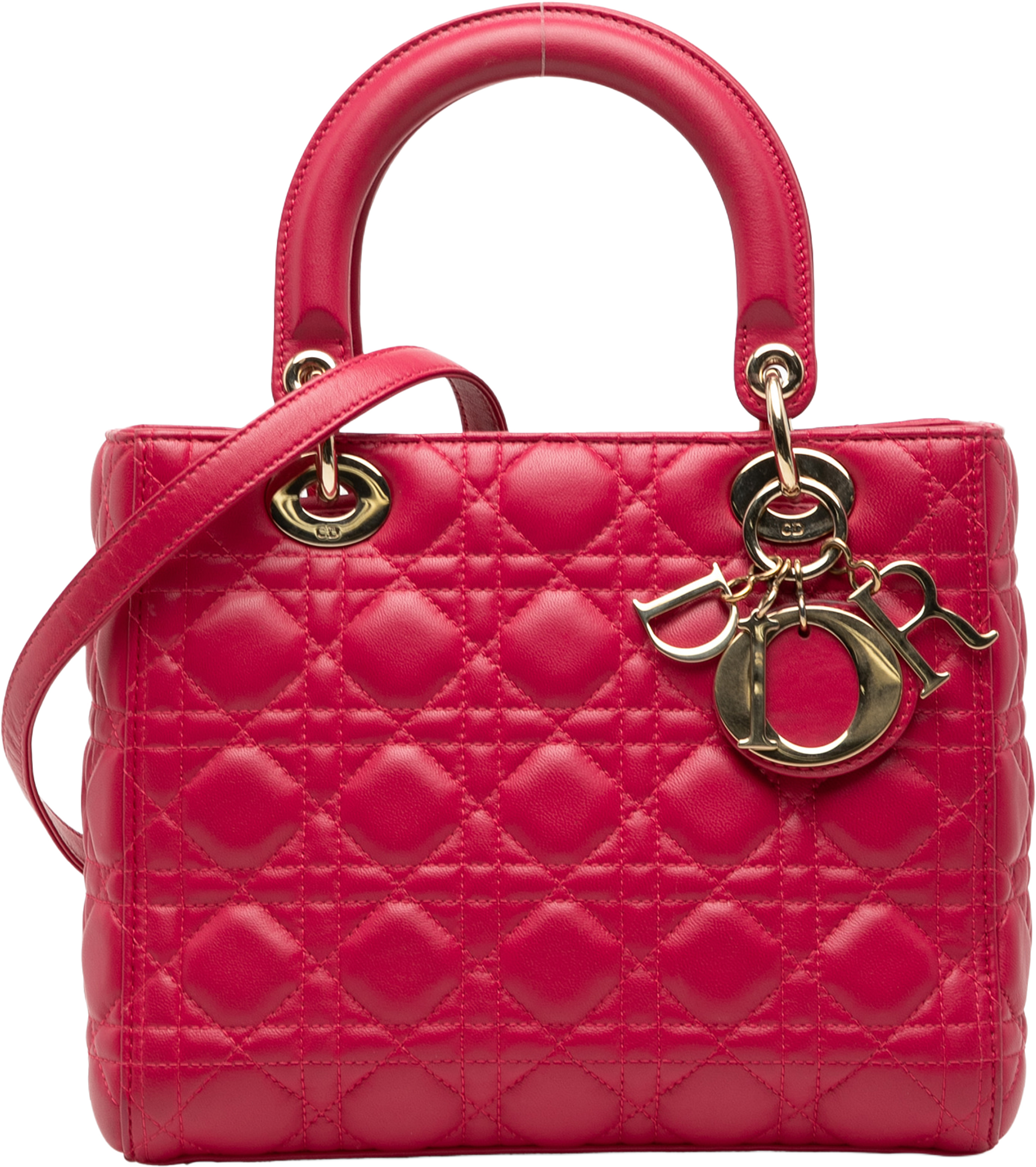 Dior Medium Lambskin Cannage Lady Dior, från Luxclusif, i färgen dark pink. Klicka för att öppna bilden i stort format
