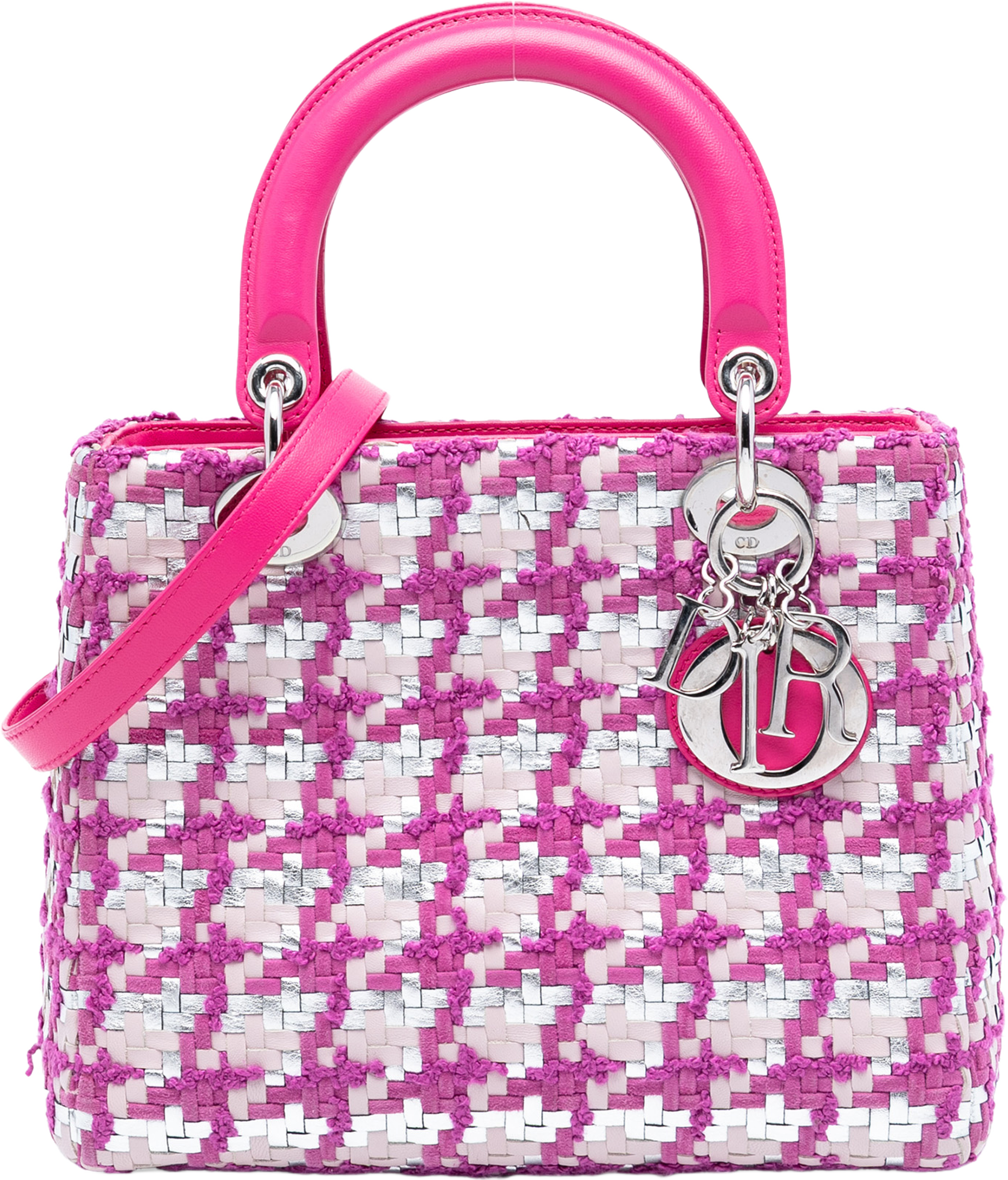 Dior Medium Lambskin And Tweed Lady Dior, från Luxclusif, i färgen dark pink. Klicka för att öppna bilden i stort format