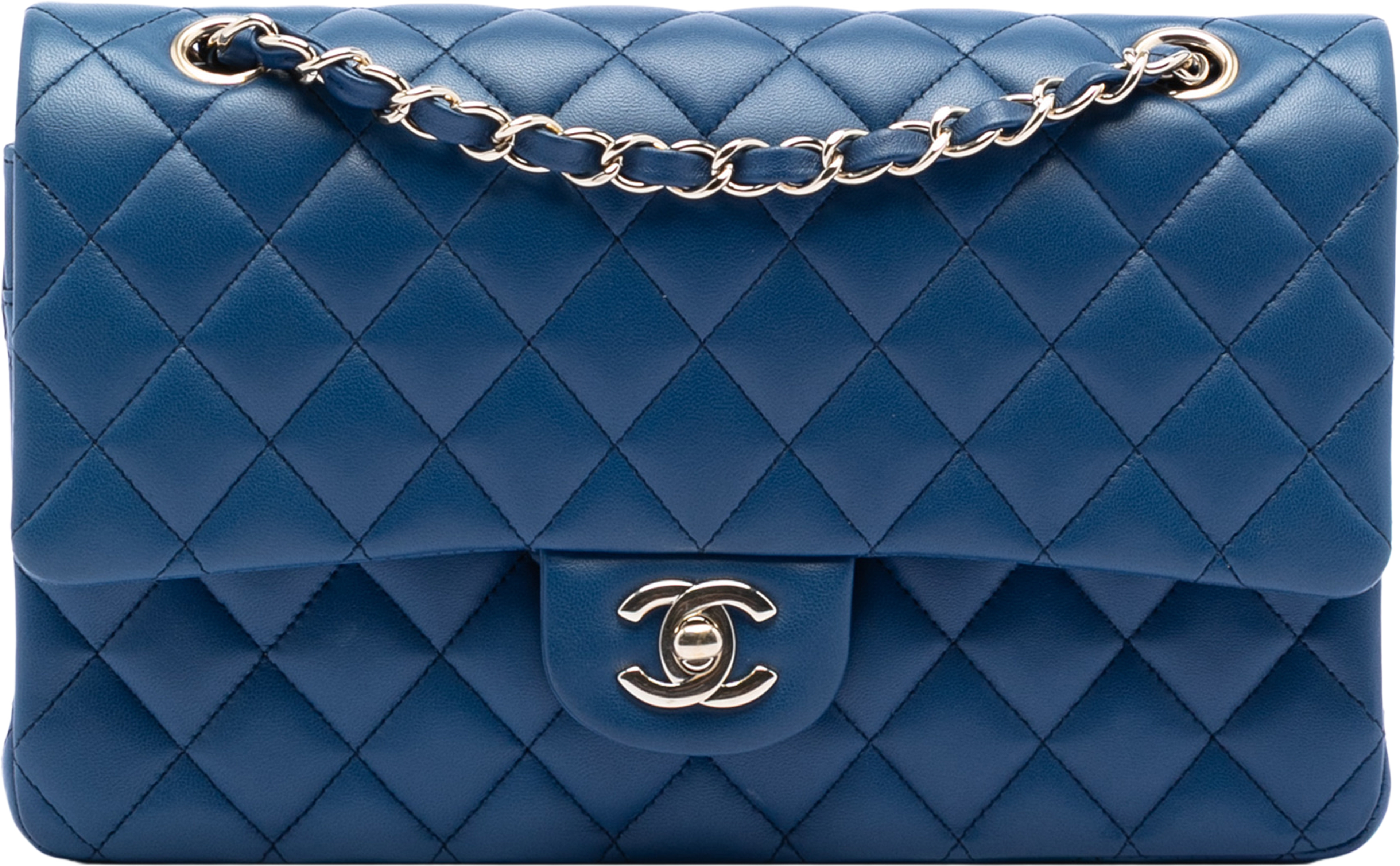 Chanel Medium Classic Lambskin Double Flap, från Luxclusif, i färgen blue. Klicka för att öppna bilden i stort format