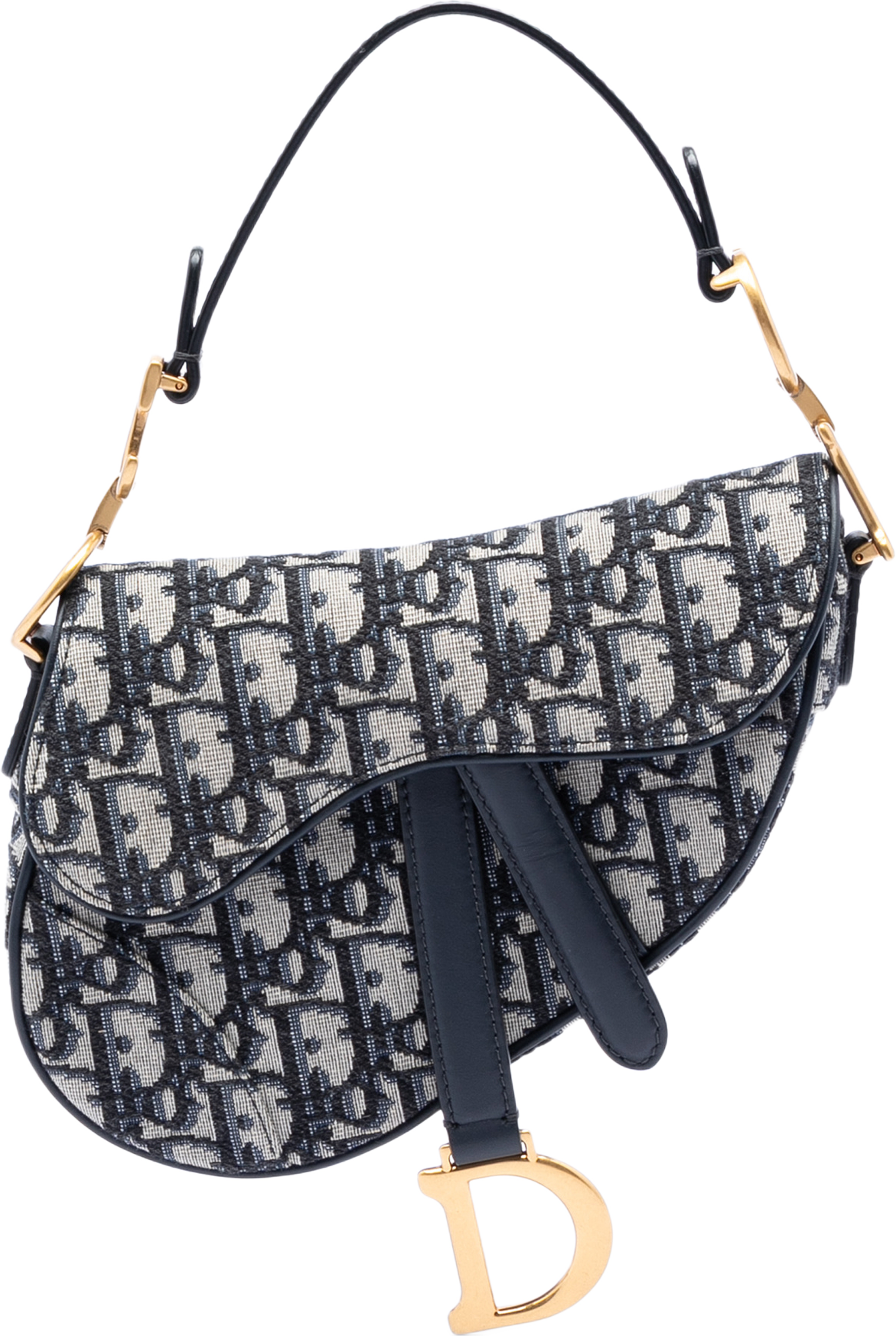 Dior Mini Oblique Canvas Saddle Bag, från Luxclusif, i färgen blå. Klicka för att öppna bilden i stort format