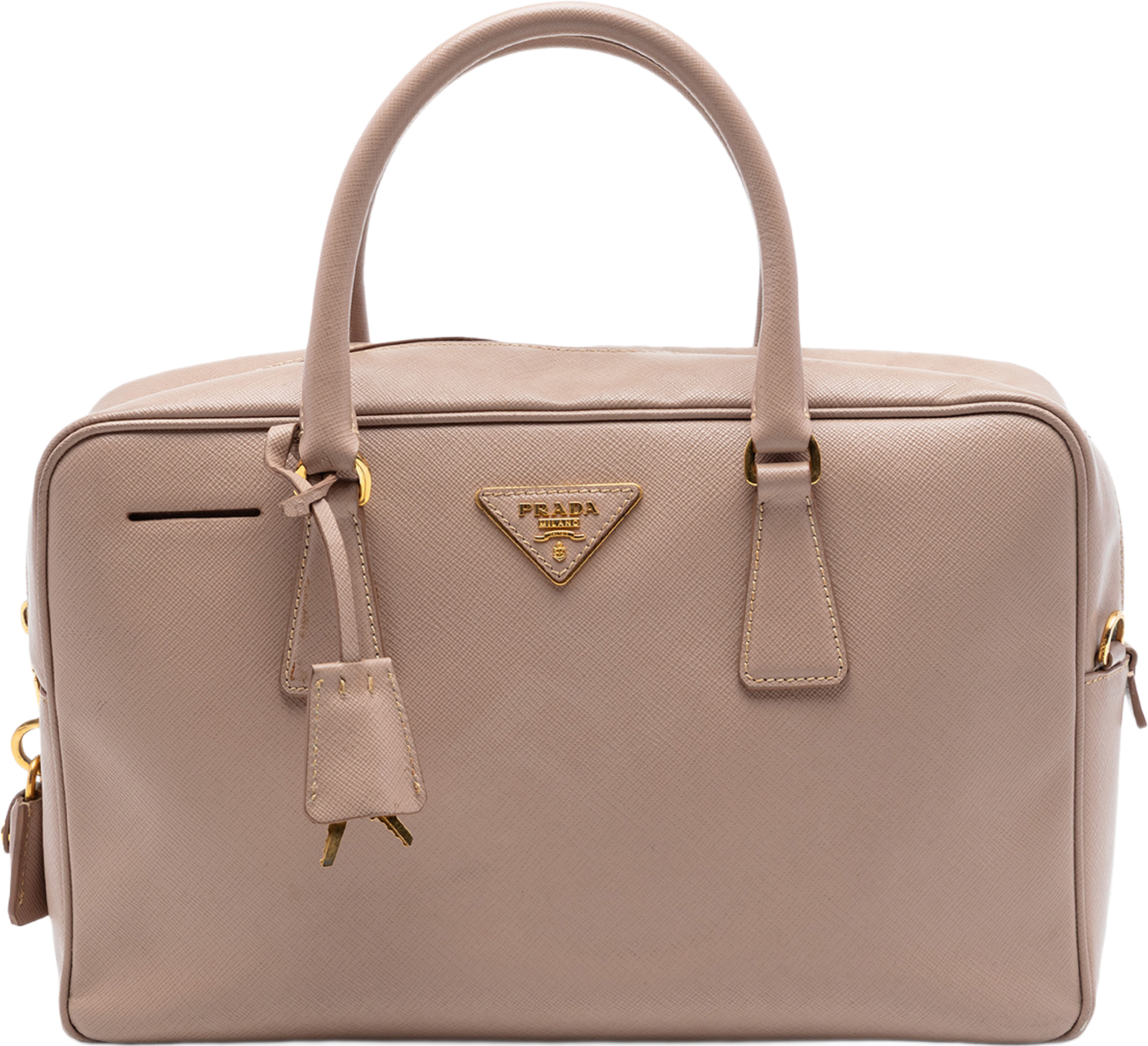 Prada Saffiano Lux Bauletto Satchel, från Luxclusif, i färgen beige. Klicka för att öppna bilden i stort format
