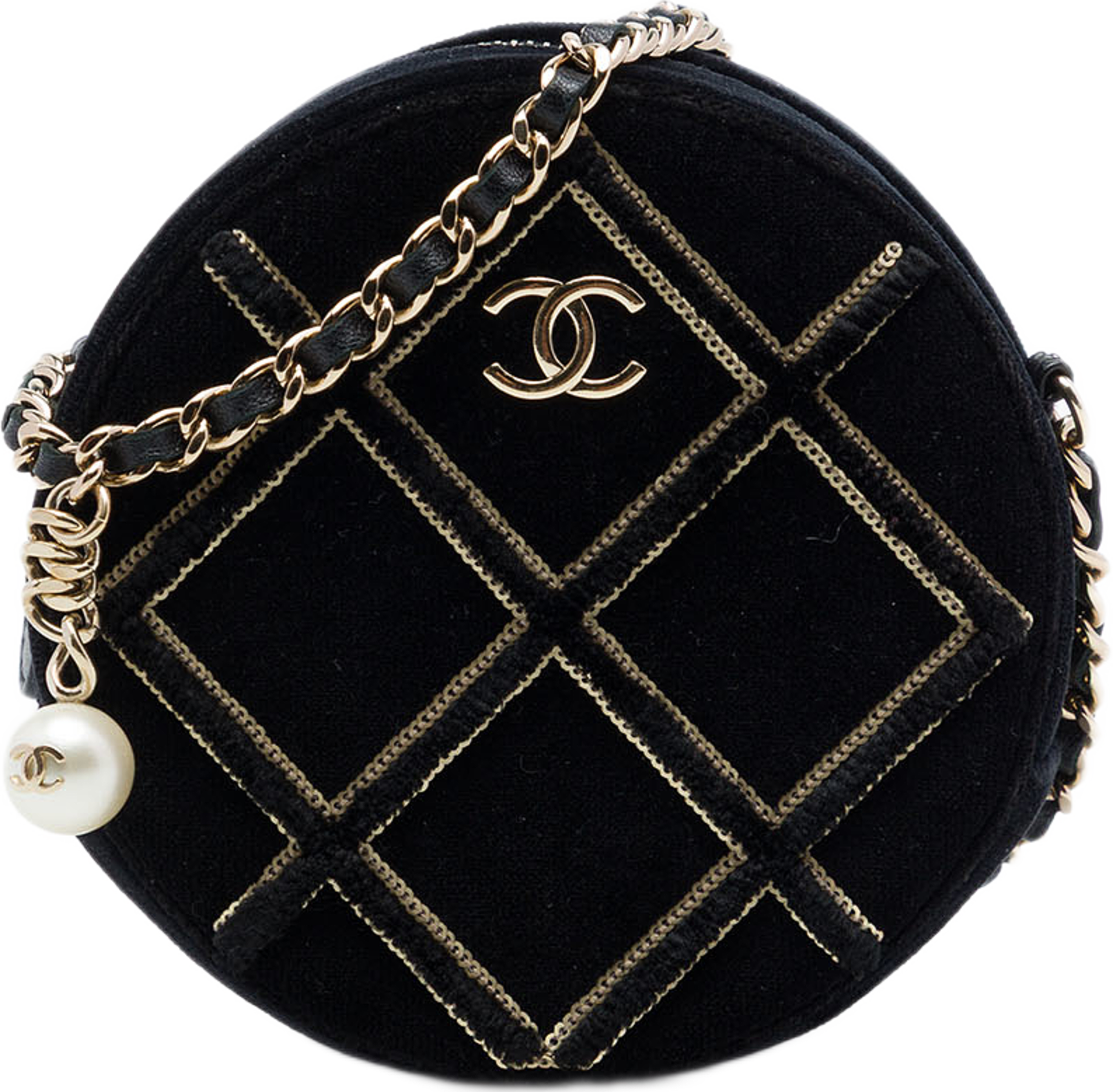Chanel Velvet Pearl Sequin Round Crossbody, från Luxclusif, i färgen svart. Klicka för att öppna bilden i stort format