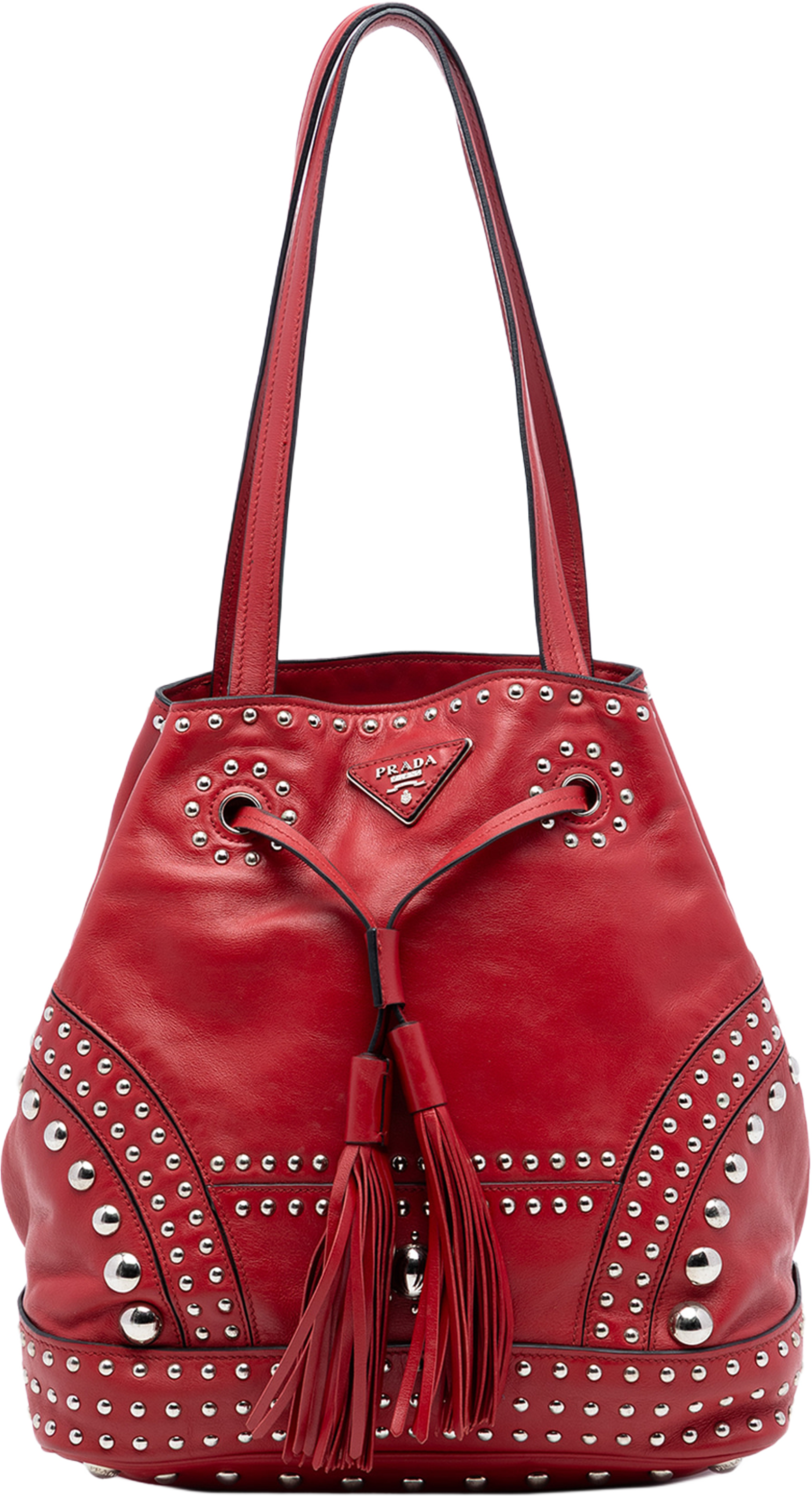 Prada Large Studded Leather Bucket Bag, från Luxclusif, i färgen red. Klicka för att öppna bilden i stort format