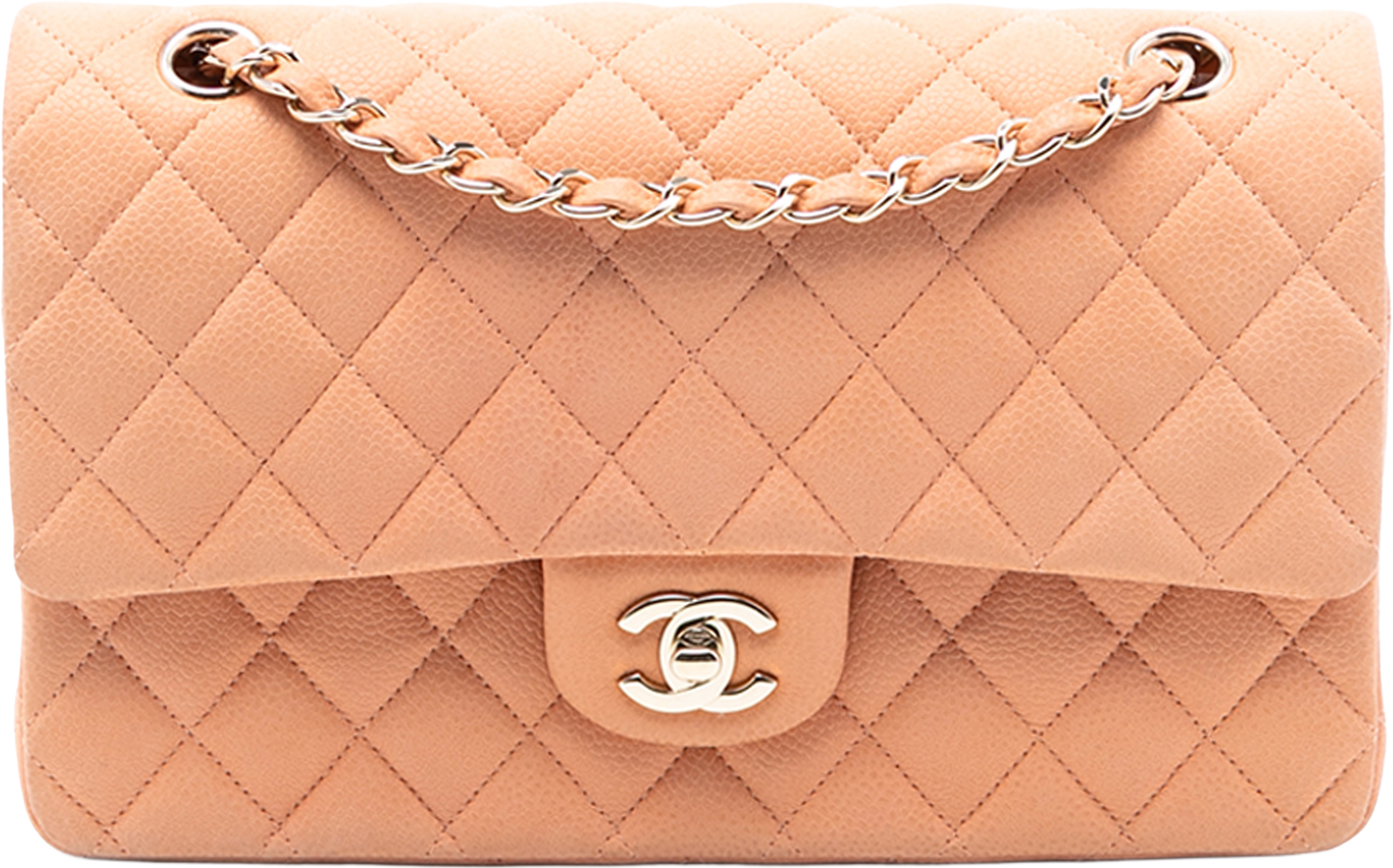 Chanel Medium Classic Caviar Double Flap, från Luxclusif, i färgen peach. Klicka för att öppna bilden i stort format