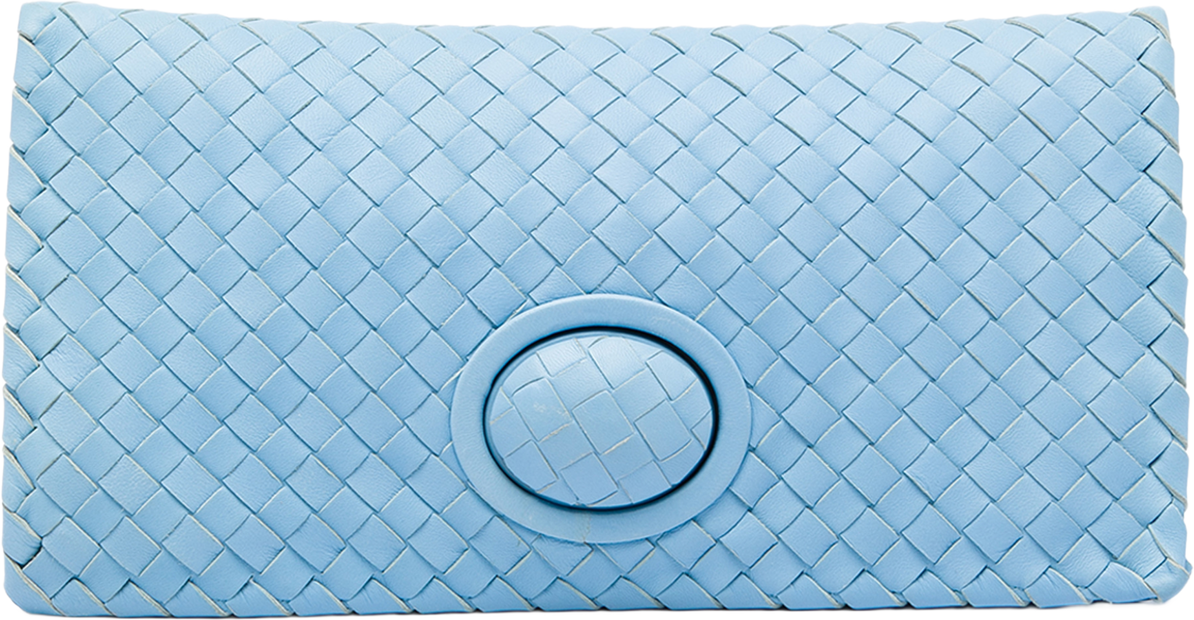 Bottega Veneta Nappa Intrecciato Turn Lock Clutch, från Luxclusif, i färgen blå. Klicka för att öppna bilden i stort format