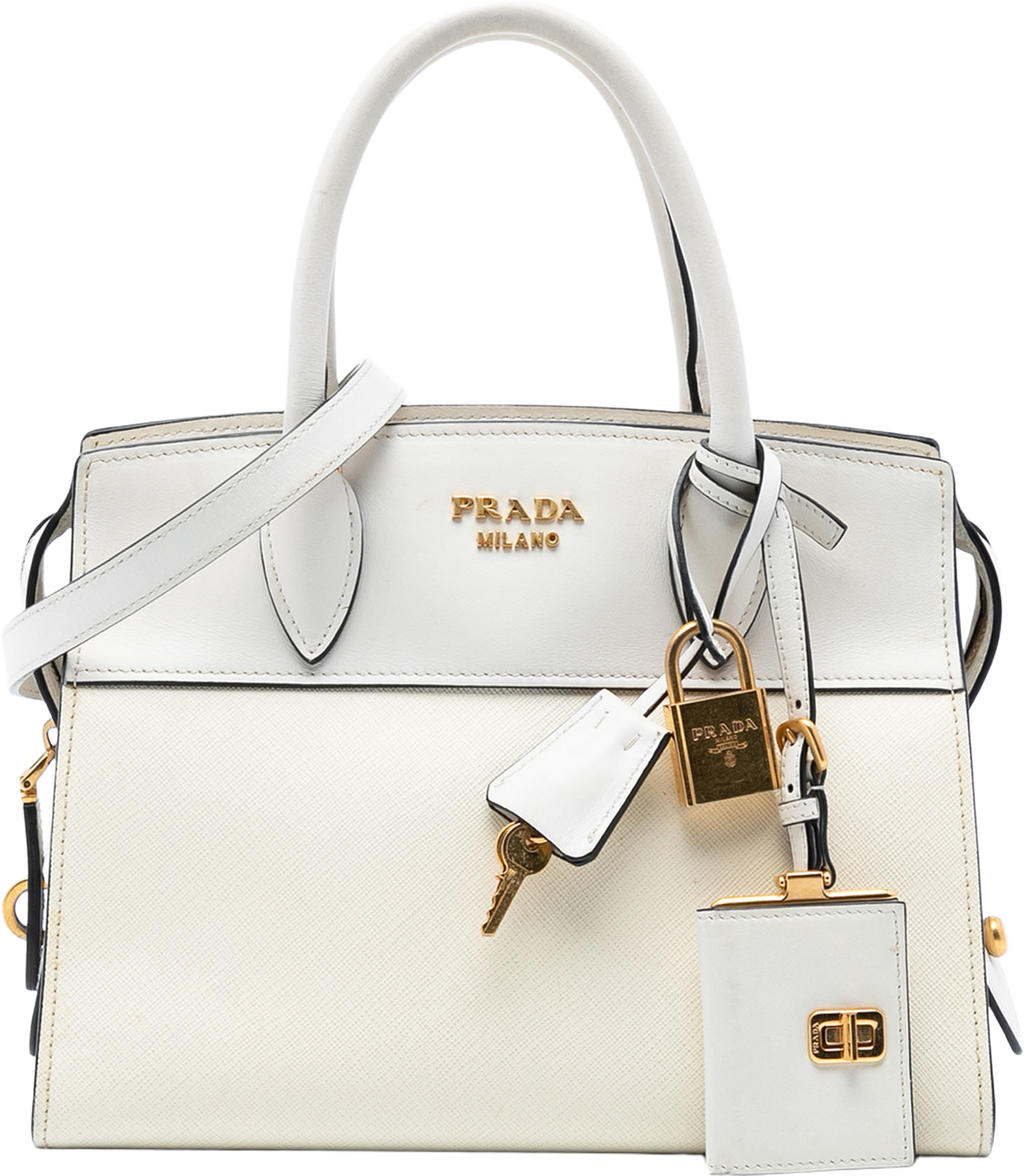 Prada Saffiano And City Calf Esplanade Satchel, från Luxclusif, i färgen white. Klicka för att öppna bilden i stort format